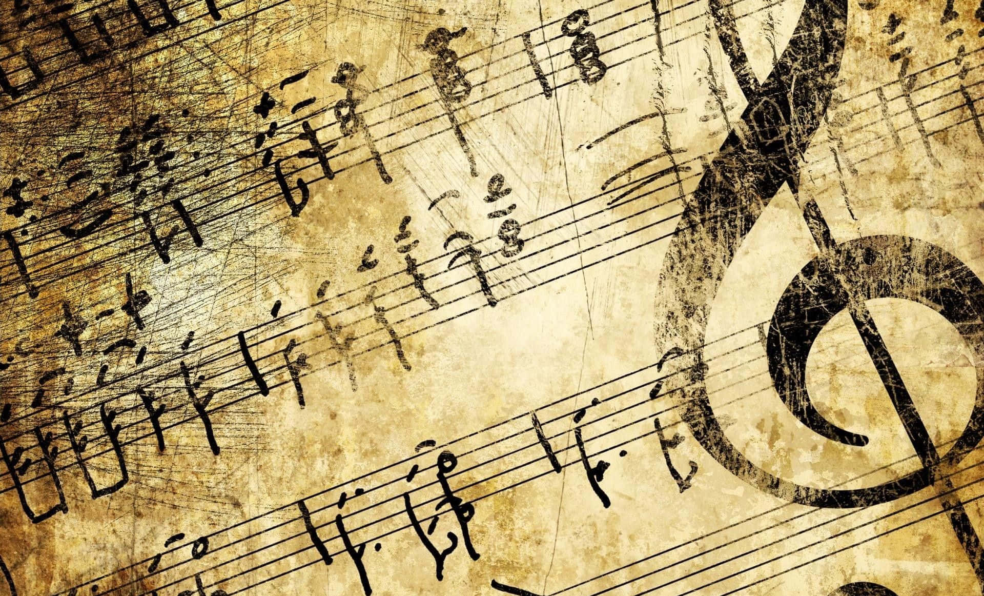 Musical 桌布 壁紙 — 帶有大型高音譜號的復古樂譜，位於陳舊羊皮紙上，顯示刮痕和磨損。