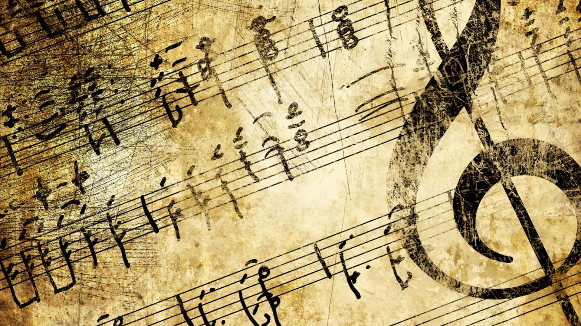 Classical Music 桌布 壁紙 — 帶有大高音譜號的復古樂譜，位於老舊羊皮紙上，顯示刮痕和磨損。