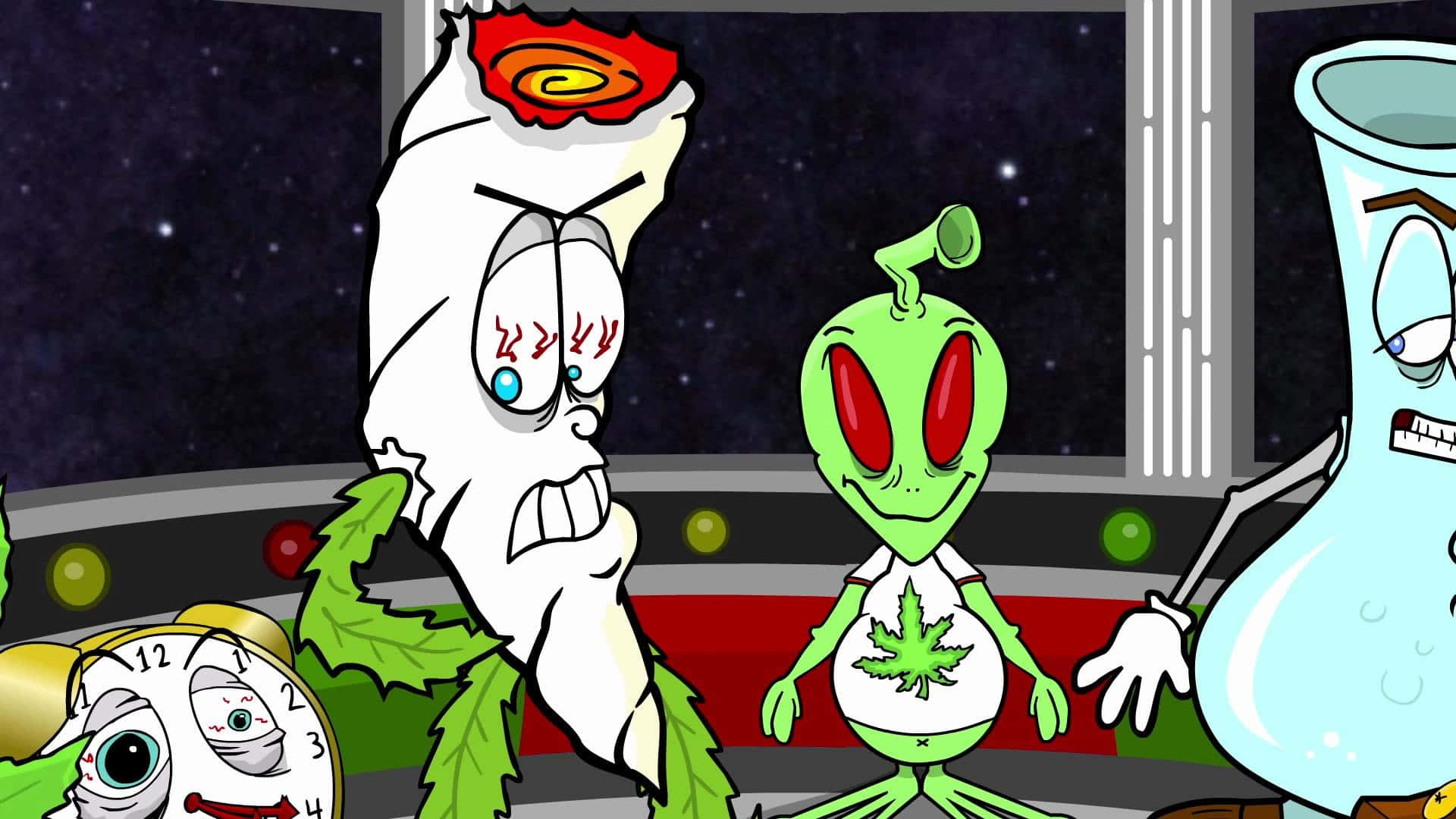 迷幻 桌布 壁紙 — 帶有大麻葉符號的卡通外星人在星空背景的太空船內顯得震驚。