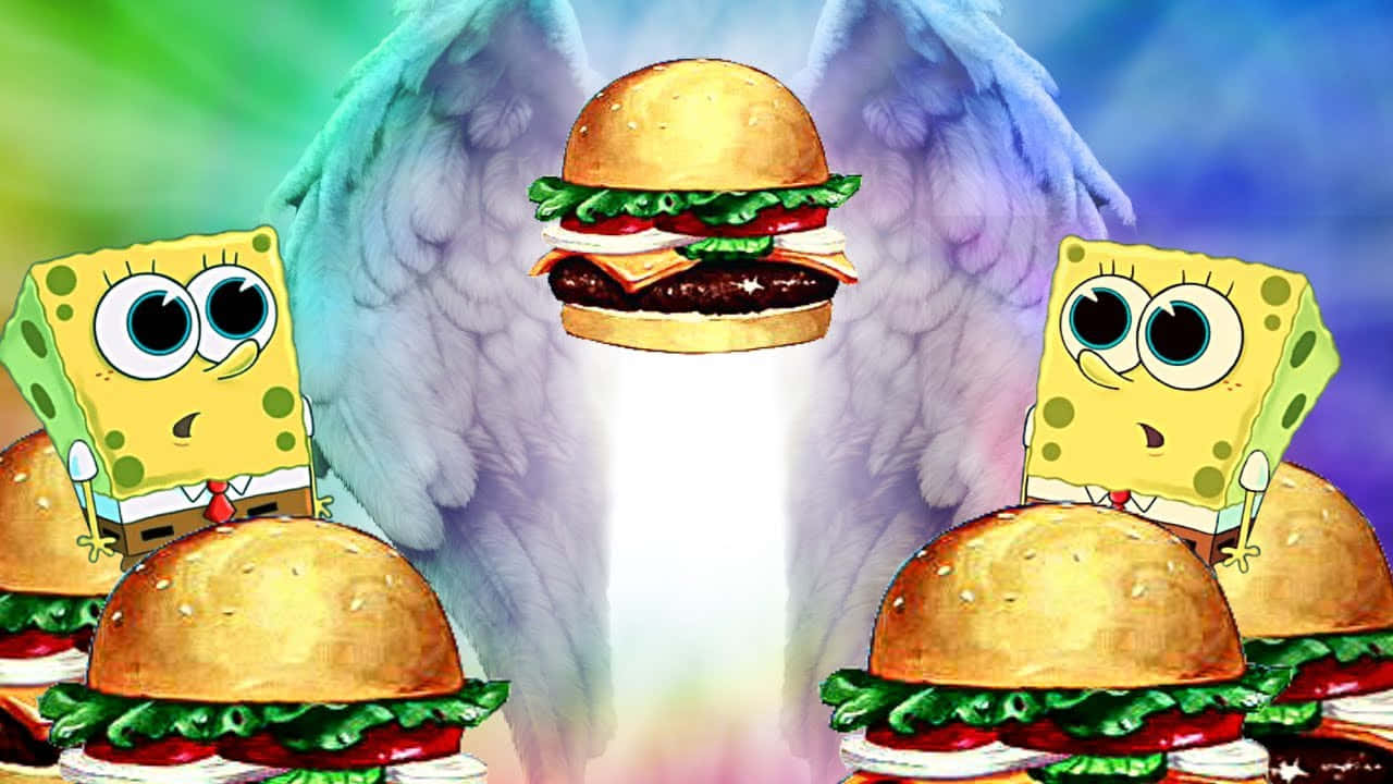Krabby Patty 桌布 壁紙 — 帶有天使翅膀的海綿寶寶角色圍繞著一個發光的漢堡，場景超現實且色彩繽紛。