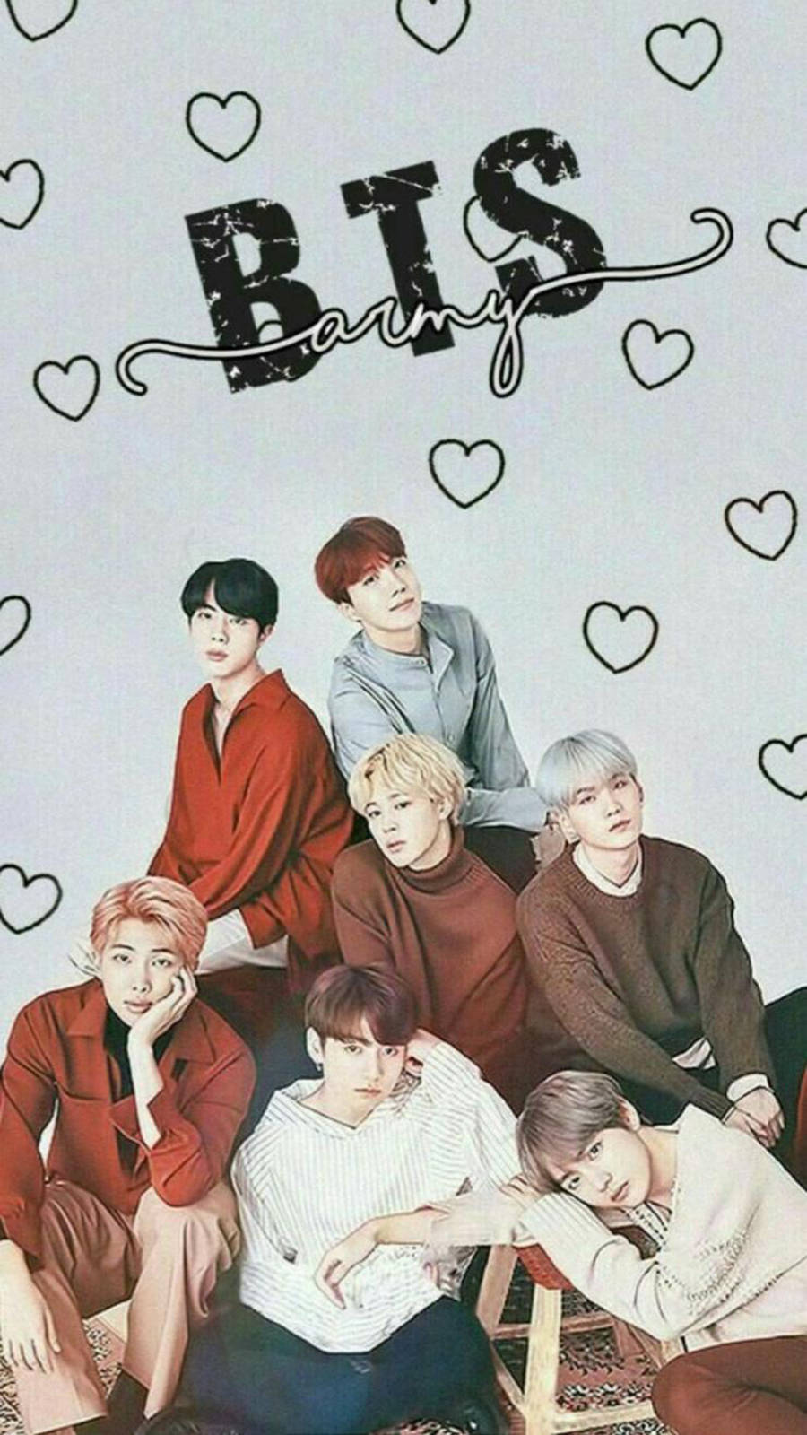 七位來自 BTS 的 K-pop 偶像，穿著休閒服裝，背景有愛心和樂隊名稱。