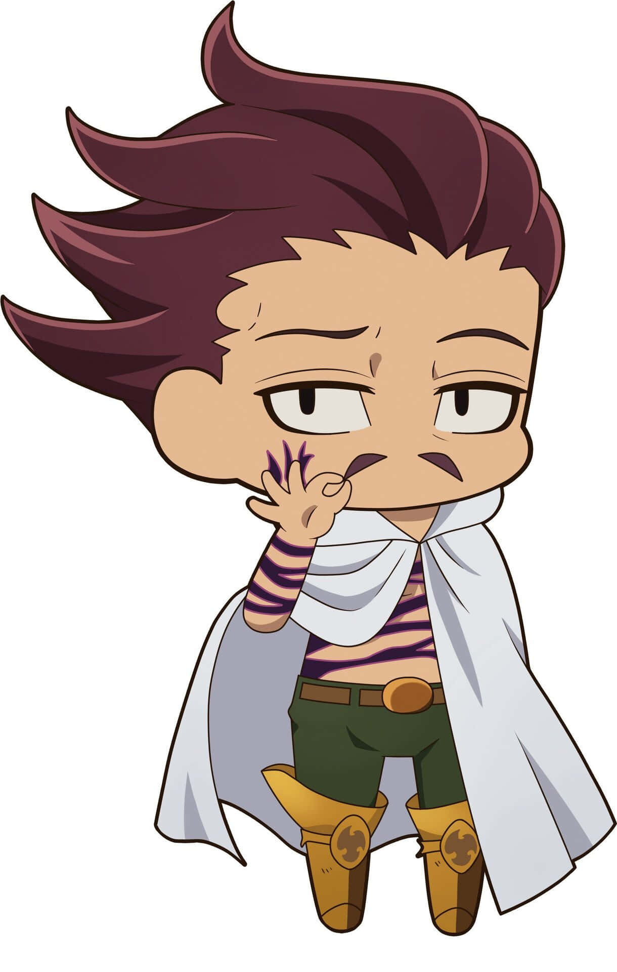 Seven Deadly Sins Monspeet 桌布 壁紙 — 帶有尖刺栗色頭髮和白色斗篷的Q版動漫角色，舉起帶爪的手，做出頑皮的表情。
