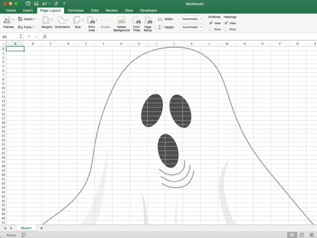帶有幽靈插圖的電子表格 壁紙 — 在 Microsoft Excel 的試算表背景上用網格線繪製的鬼魂。
