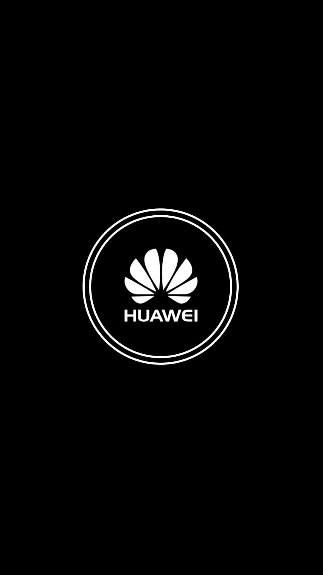 帶有微妙藍色調的華為旗艦棋盤格設計 壁紙 — 一個極簡的白色Huawei標誌，居中放置在雙圓圈內，背景為純黑色。