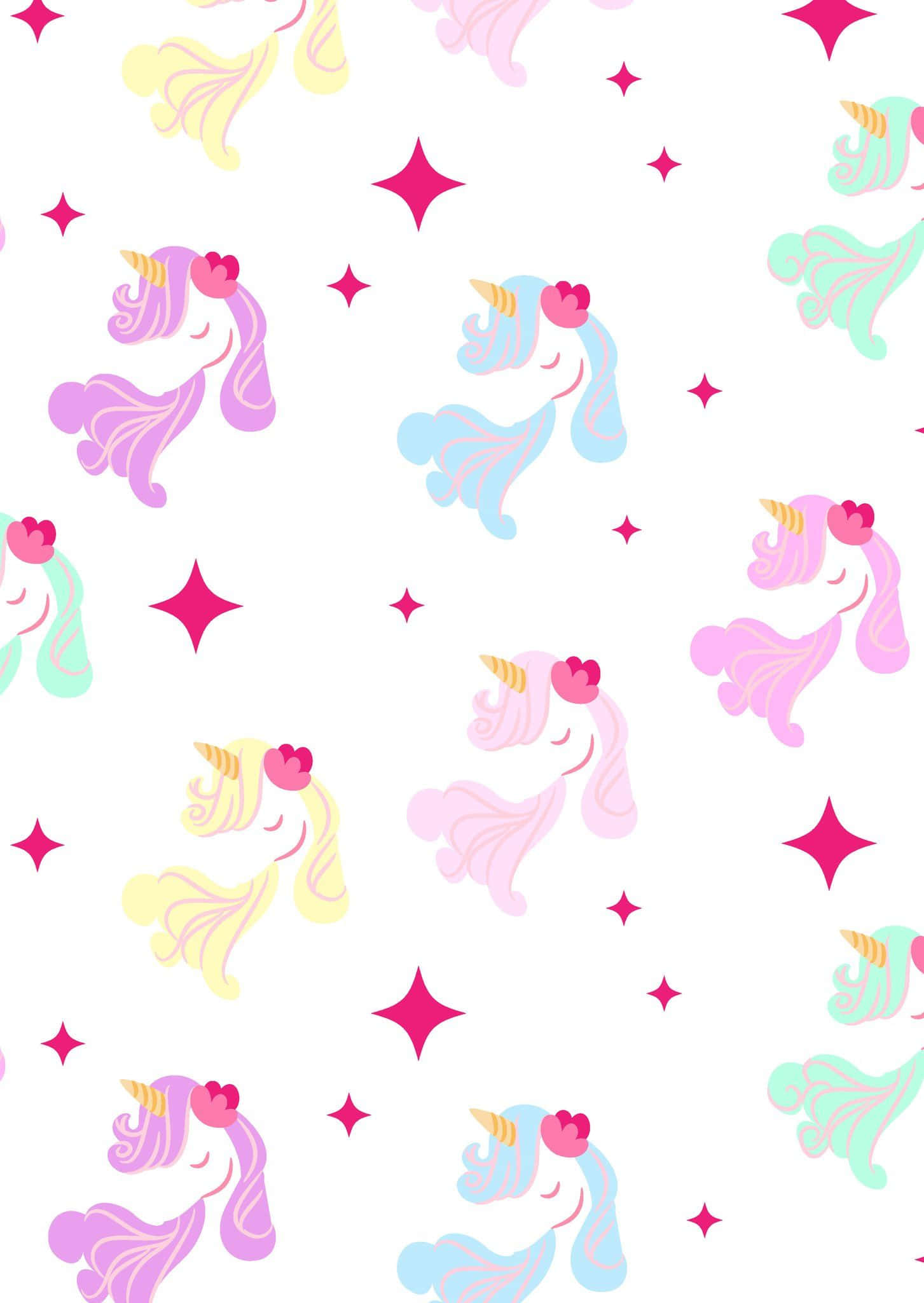 Pastel Unicorn 桌布 壁紙 — 帶有心形角的粉彩獨角獸在乾淨的白色背景上漂浮在粉紅色星星之間。