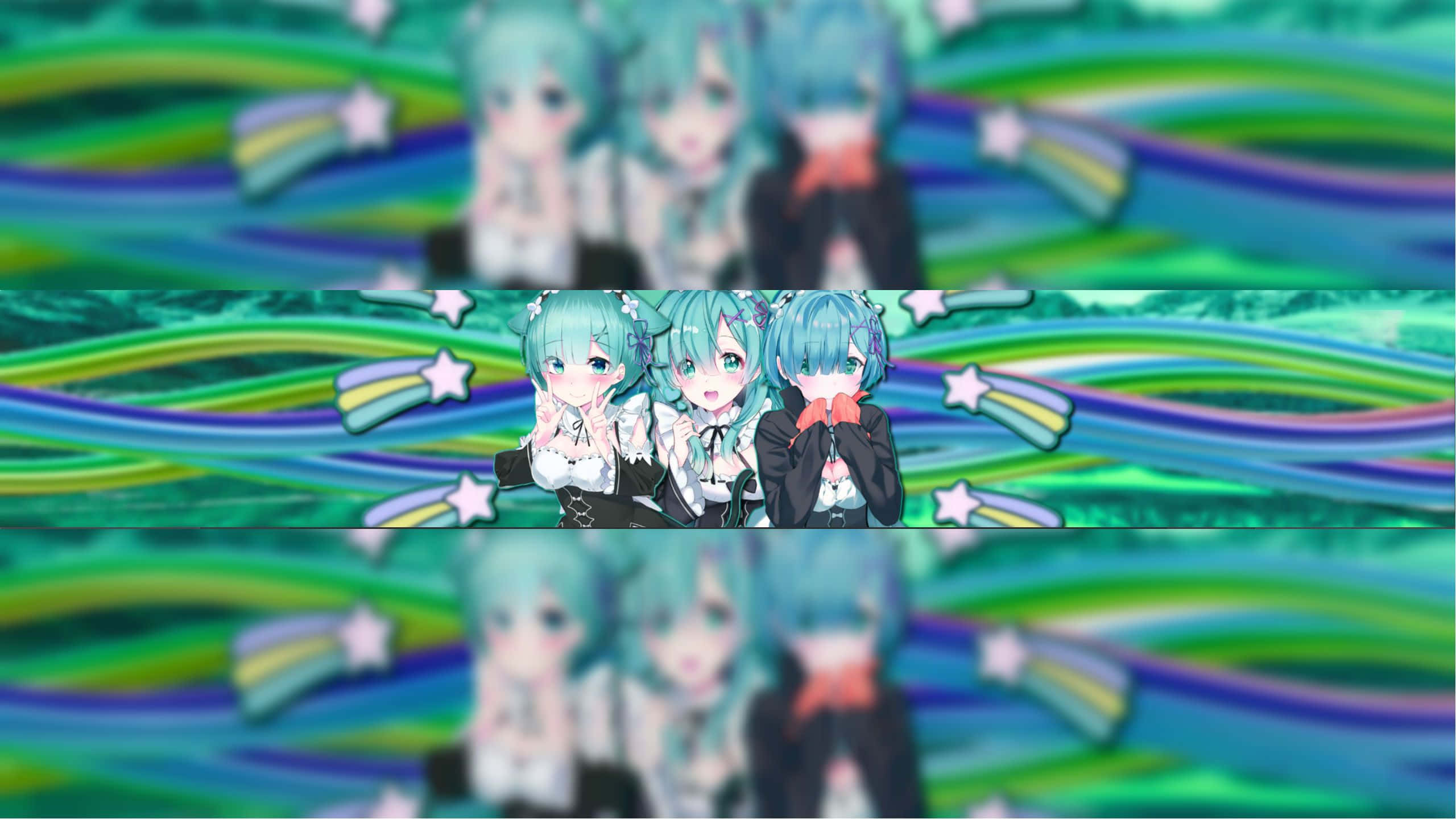 帶有抽象藍黃圖案的美學 YouTube 頭版 壁紙 — 三位擁有青綠色頭髮的動漫女孩在充滿活力的彩虹漩渦背景前，伴隨著閃爍星星，愉快地擺姿勢。