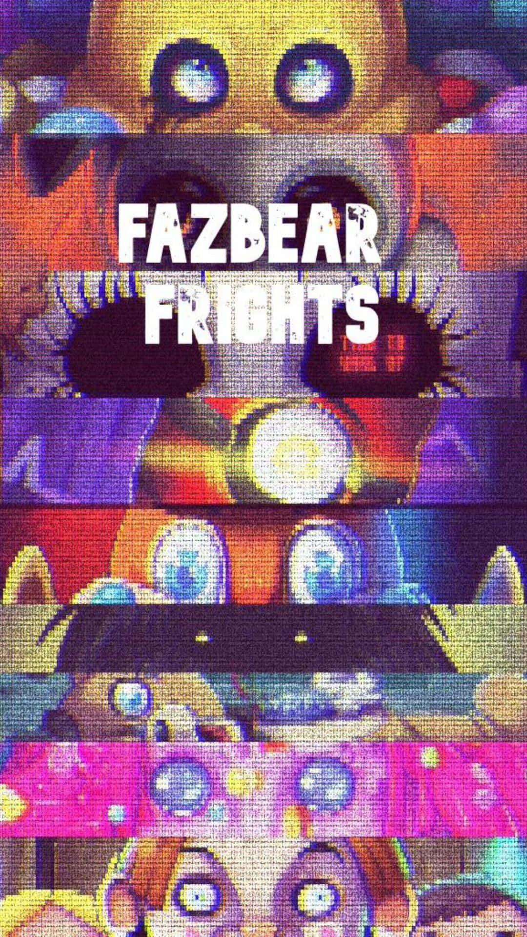 Fazbear Frights 桌布 壁紙 — 帶有故障扭曲的電子動畫臉孔，發光的眼睛和粗體文字顯示 Fazbear Frights，背景為鮮豔的像素化色彩。