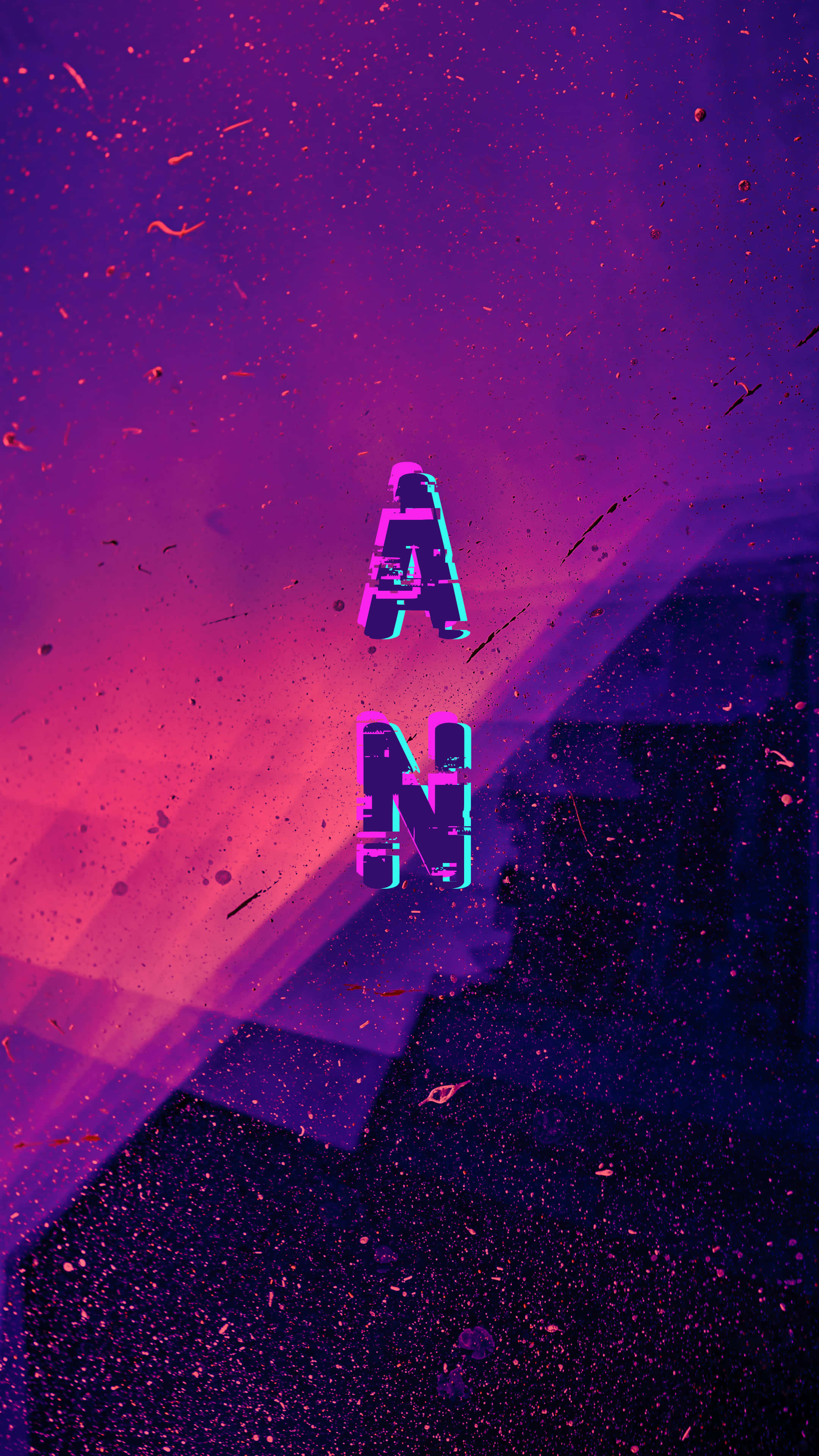 帶有故障效果的「an」字樣 壁紙 — 充滿活力的紫色和粉紅色漸變背景，帶有發光的霓虹字母「AN」和抽象潑濺效果。