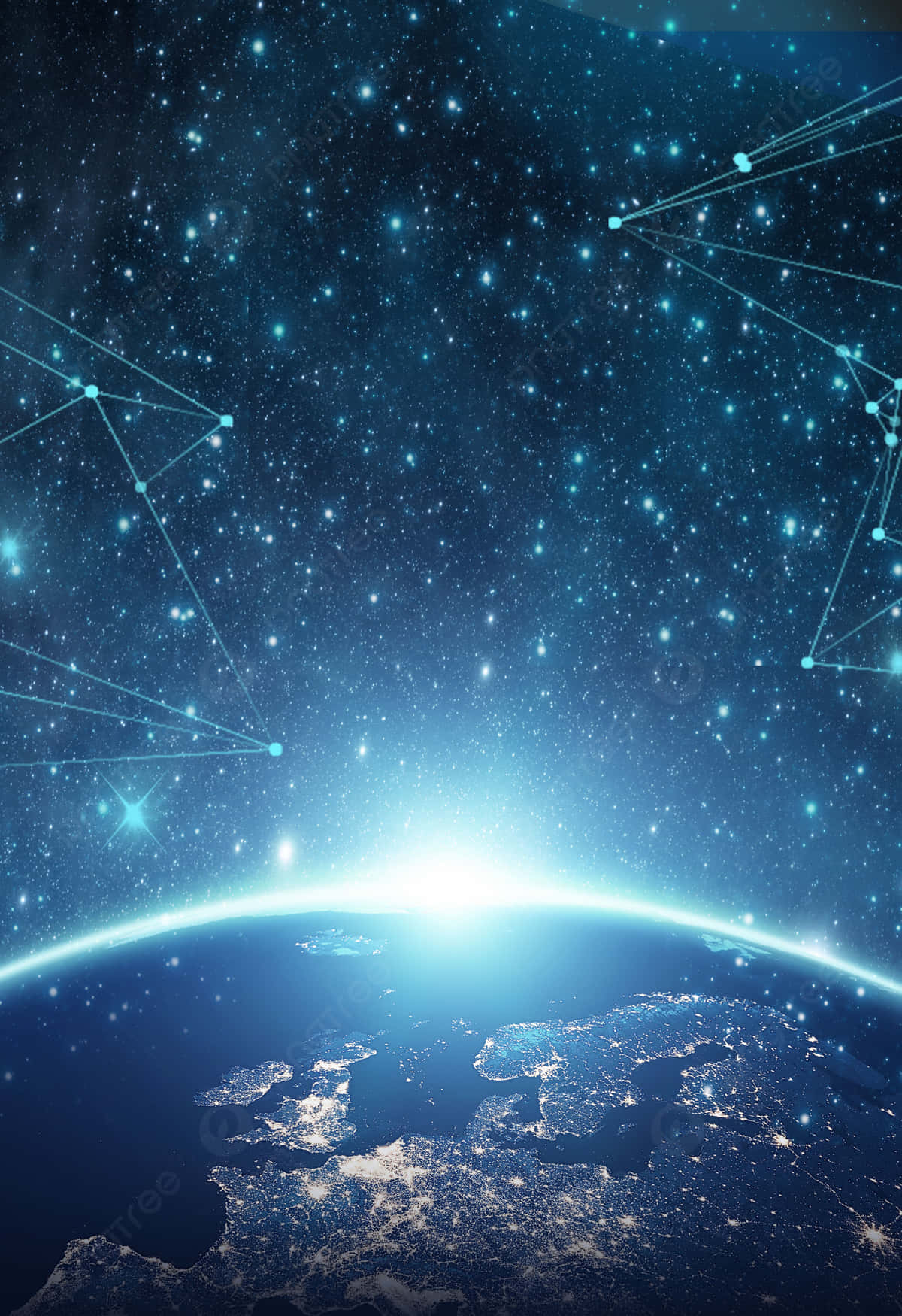 夜晚的藍色地球，發光的網絡線條連接上方的星星。