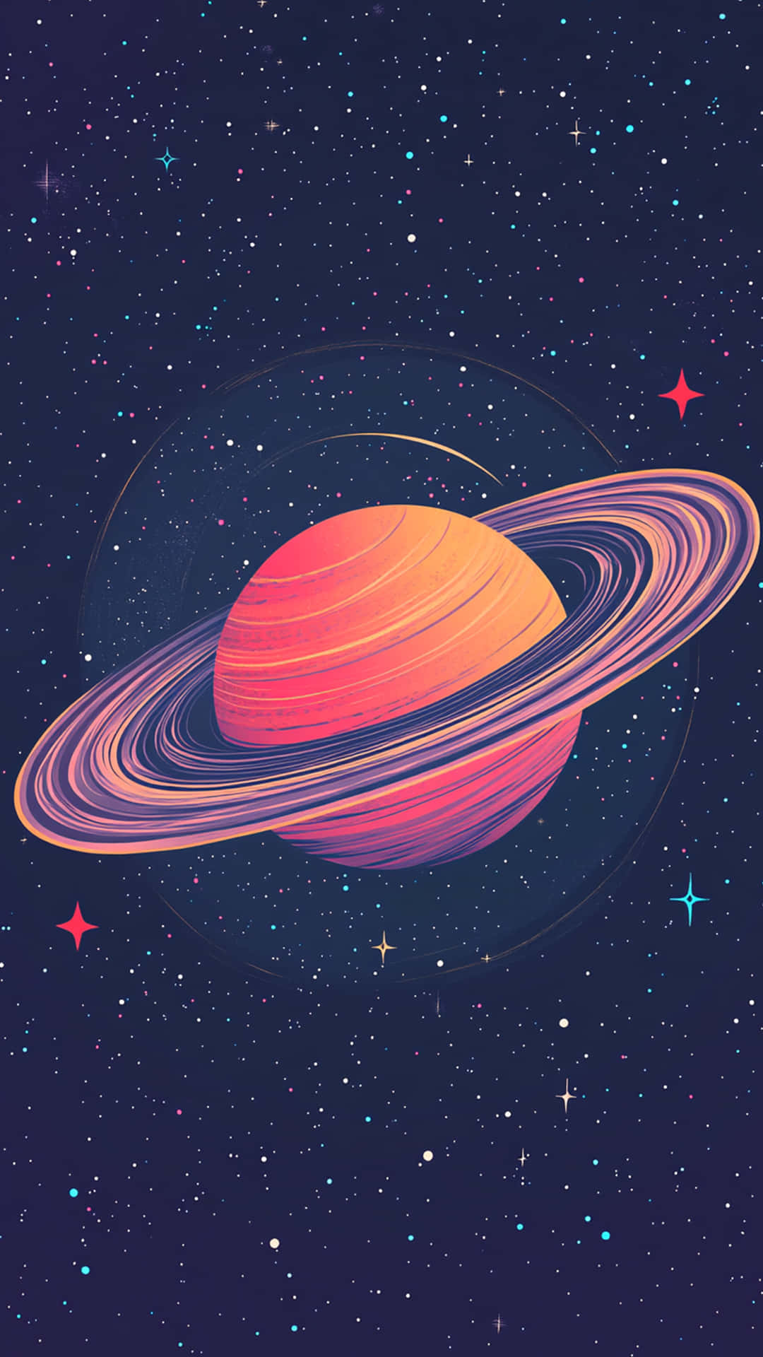 一顆色彩繽紛的行星，帶有發光的環，襯著星空