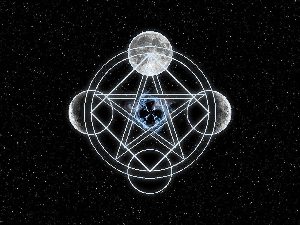 繁星點點的夜空中帶有月亮和漩渦的幾何符號