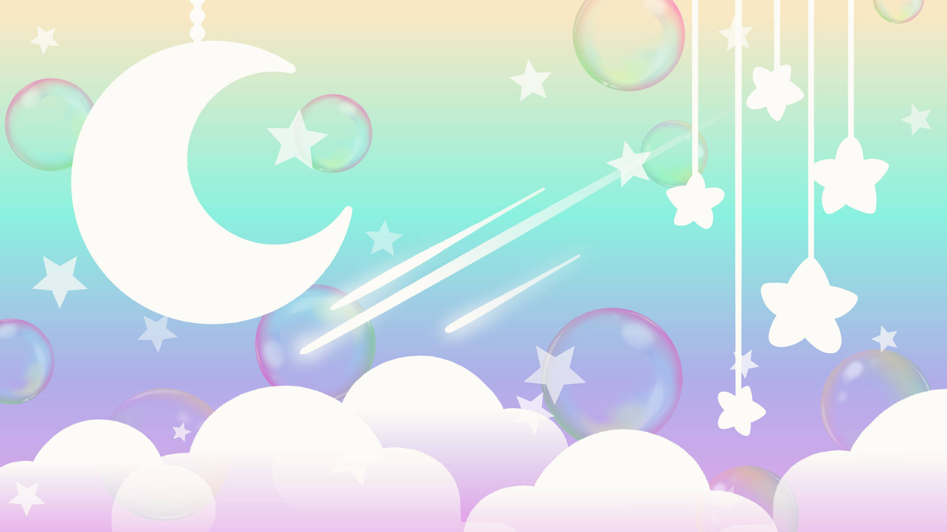 粉彩天空，月亮、星星、泡泡和雲朵輕輕漂浮。