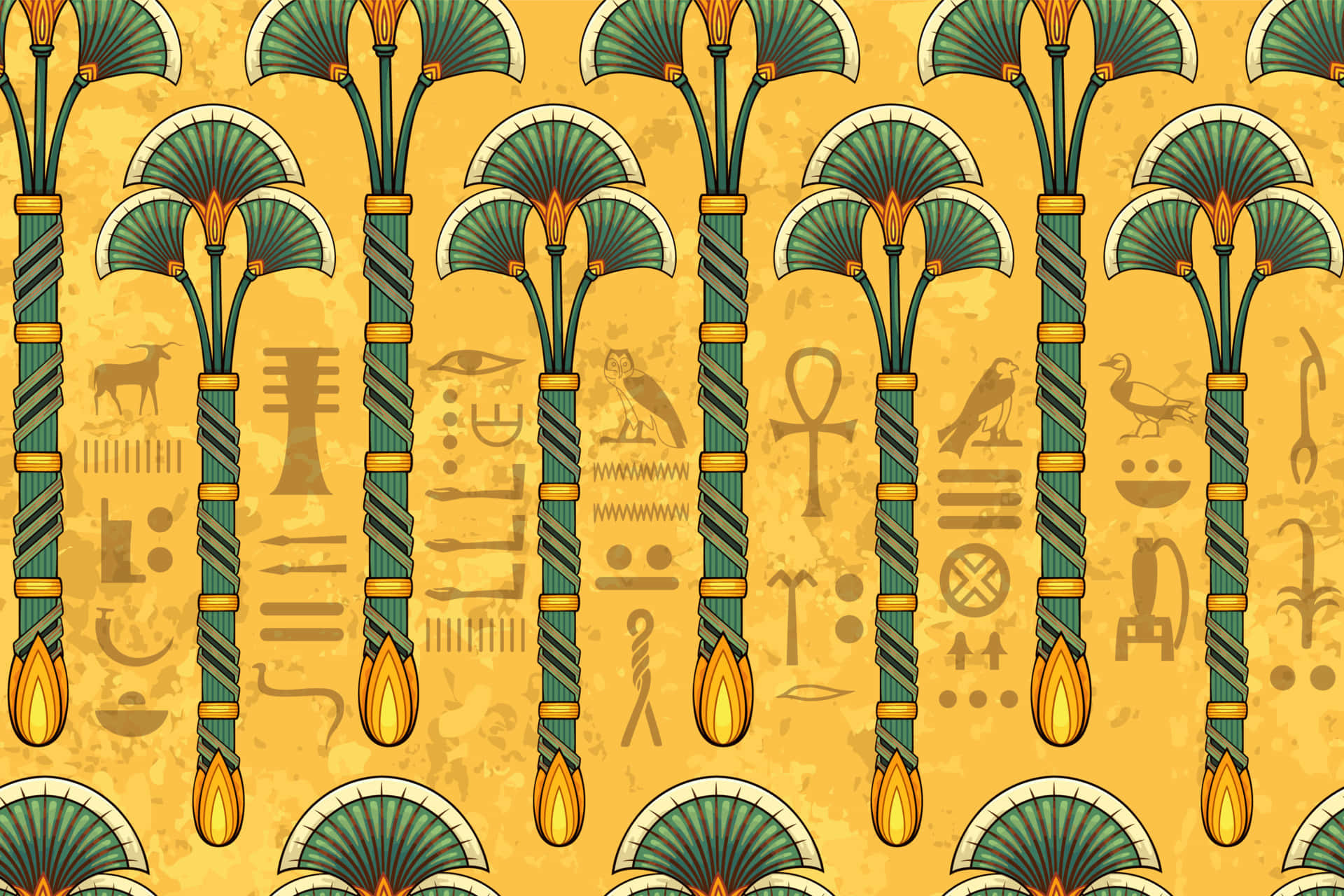 Ancient Egypt 桌布 壁紙 — 帶有棕櫚葉和符號的古埃及象形文字圖案，背景為紋理金色。