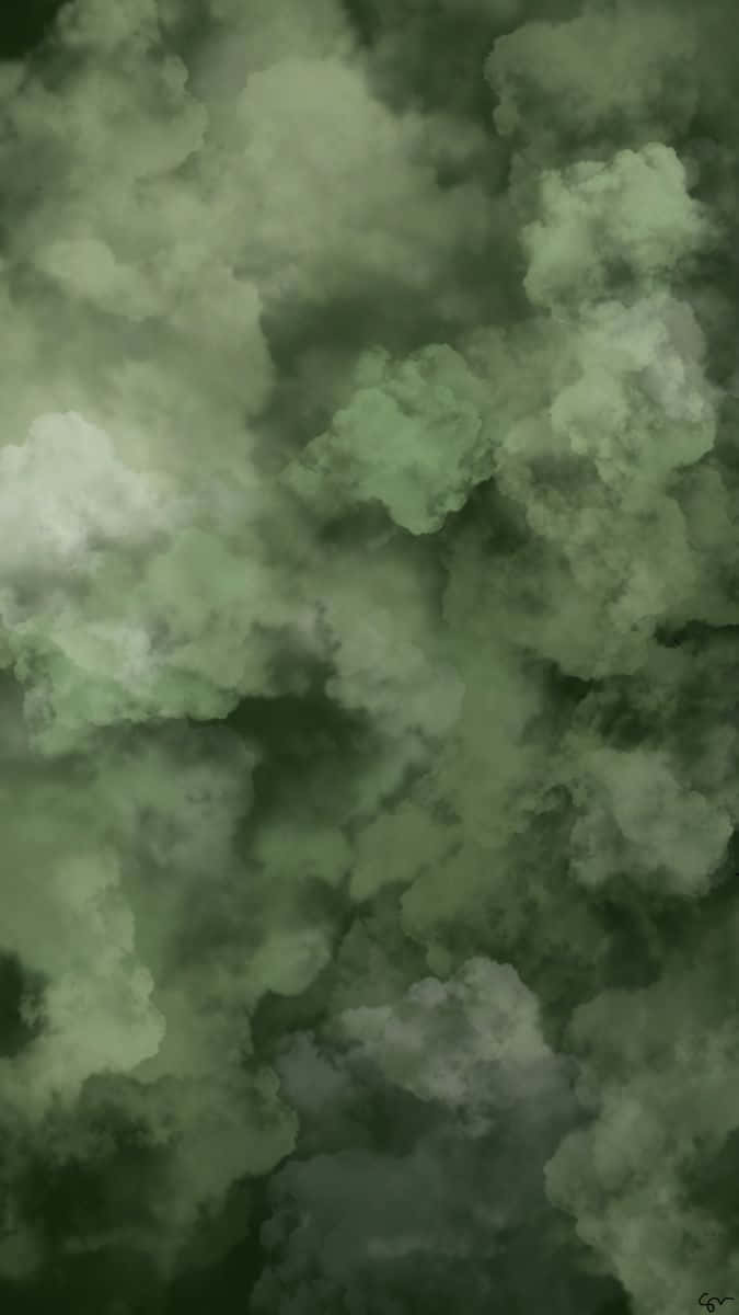 在陰鬱的大氣場景中旋轉的綠色和灰色雲層。
