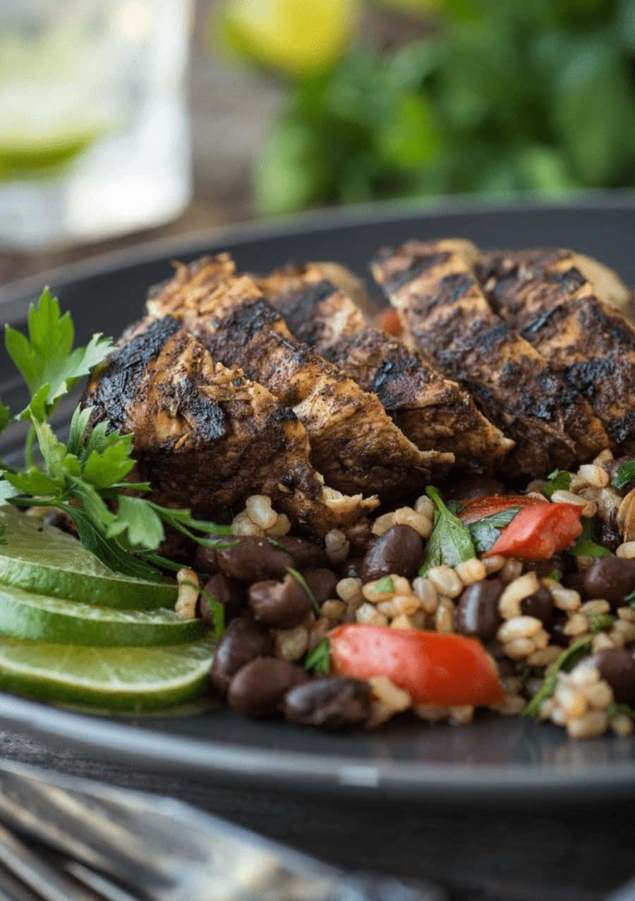 Blackened Chicken 桌布 壁紙 — 帶有烤痕的烤雞放在米飯、黑豆和新鮮番茄上，並以青檸片和歐芹裝飾。