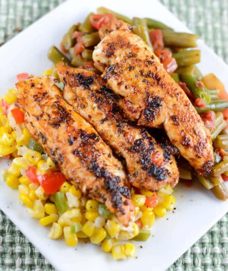 Blackened Chicken 桌布 壁紙 — 帶有烤痕的烤雞柳放在白色碟子上，底下是色彩繽紛的粟米、青豆和番茄粒。