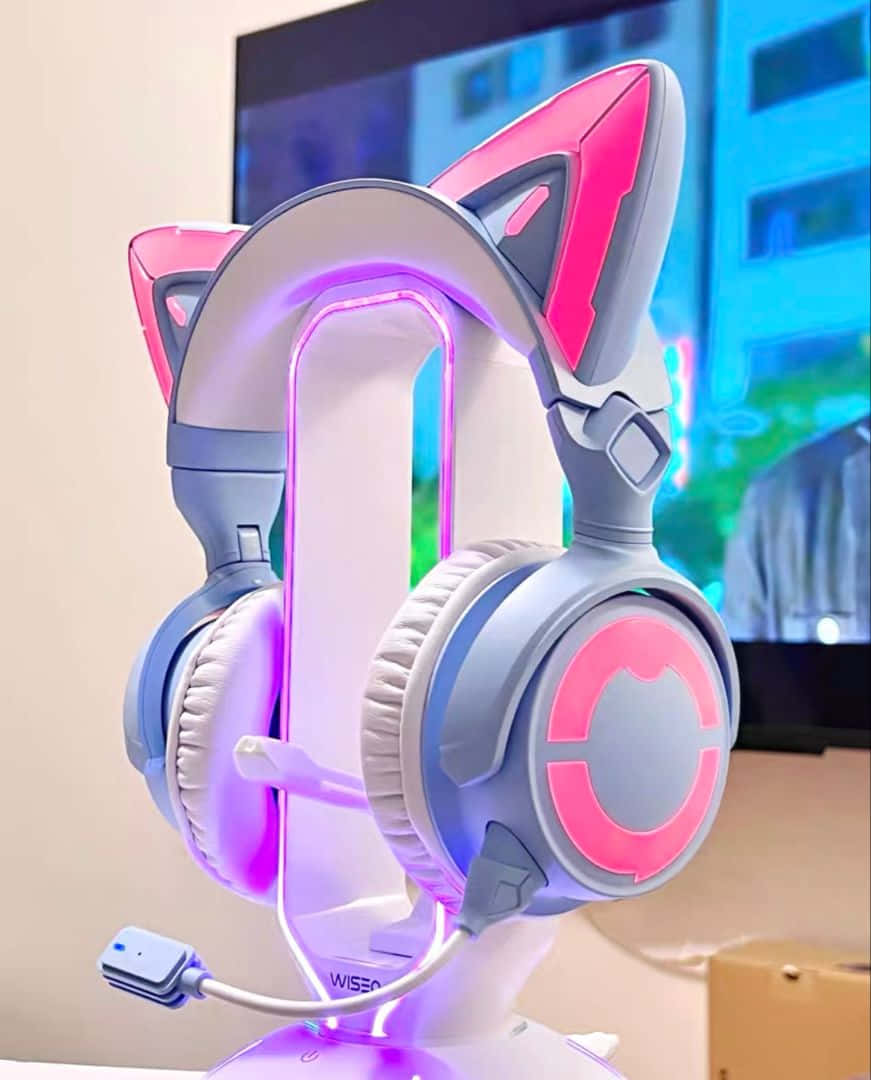 Gaming Accessories 桌布 壁紙 — 帶有發光粉紅色貓耳和紫色LED燈的遊戲耳機，放在支架上，前面是亮著的屏幕。