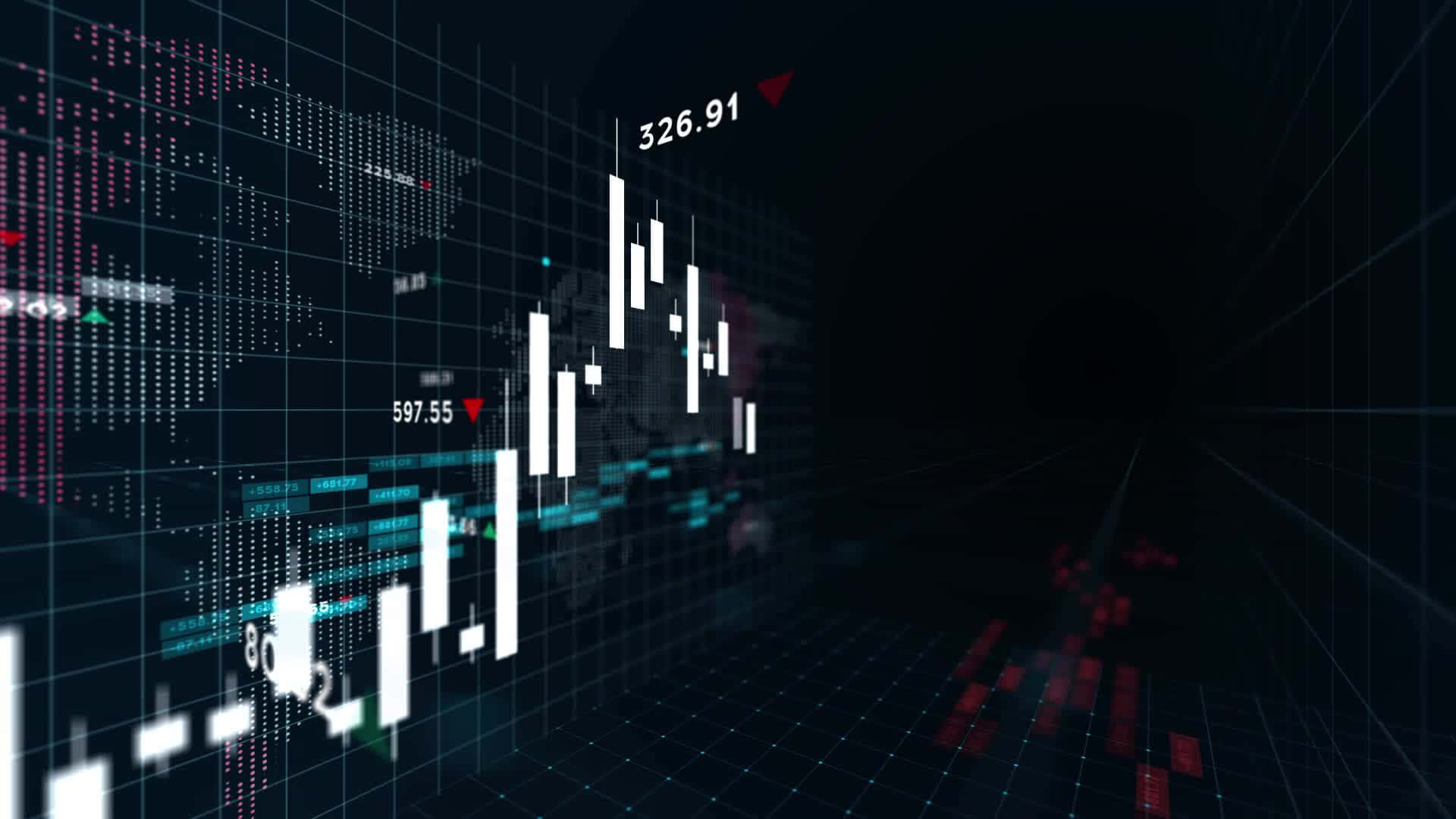 Stock 桌布 壁紙 — 帶有發光蠟燭圖和世界地圖數據的數位股票市場圖表漂浮在黑暗的未來網格隧道中。
