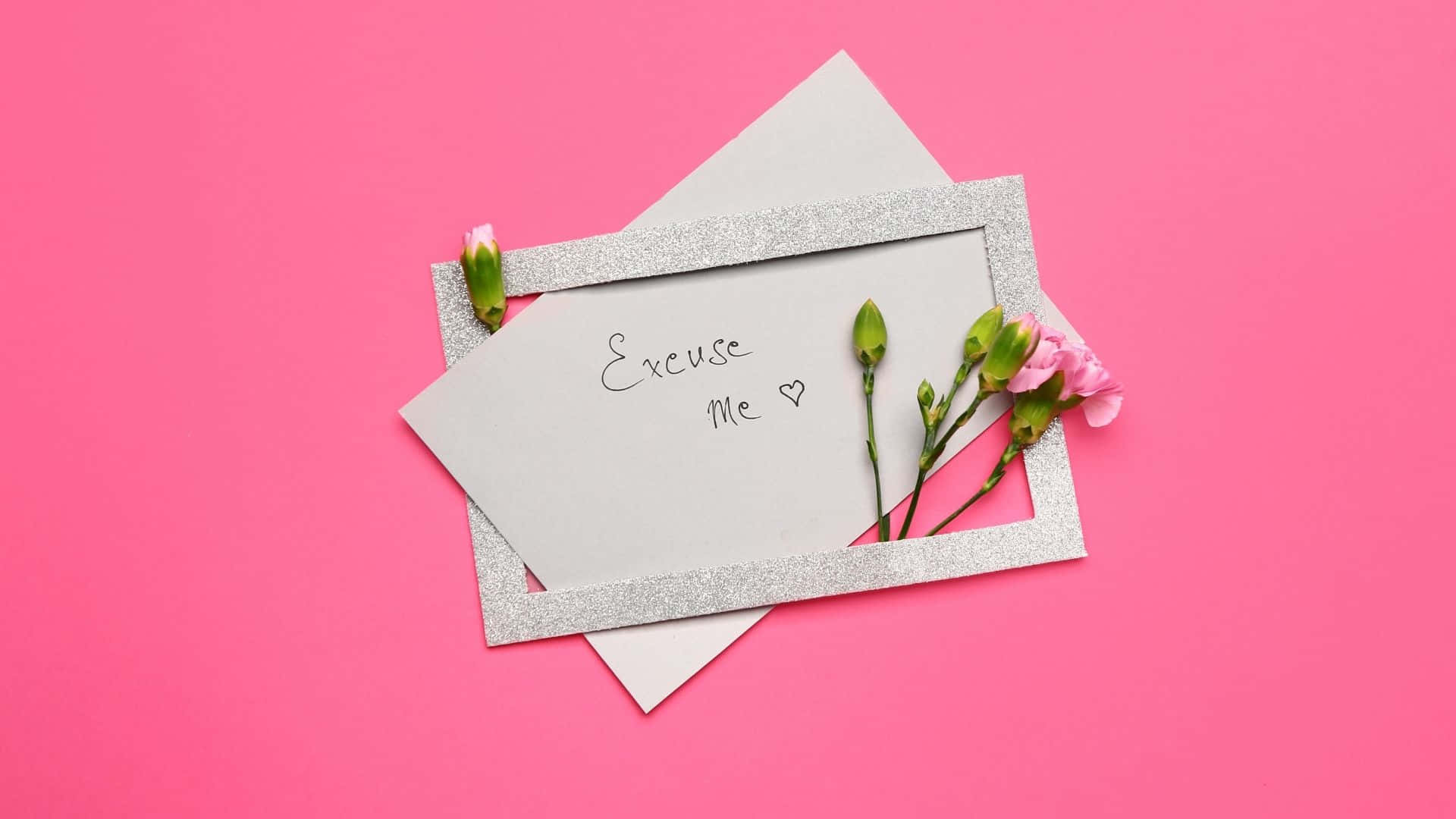 帶有粉紅花朵的「請問」便條紙 壁紙 — 一張手寫便條寫著「Excuse Me」，放在閃閃發光的銀色相框內，旁邊是粉紅色康乃馨，背景是充滿活力的粉紅色。