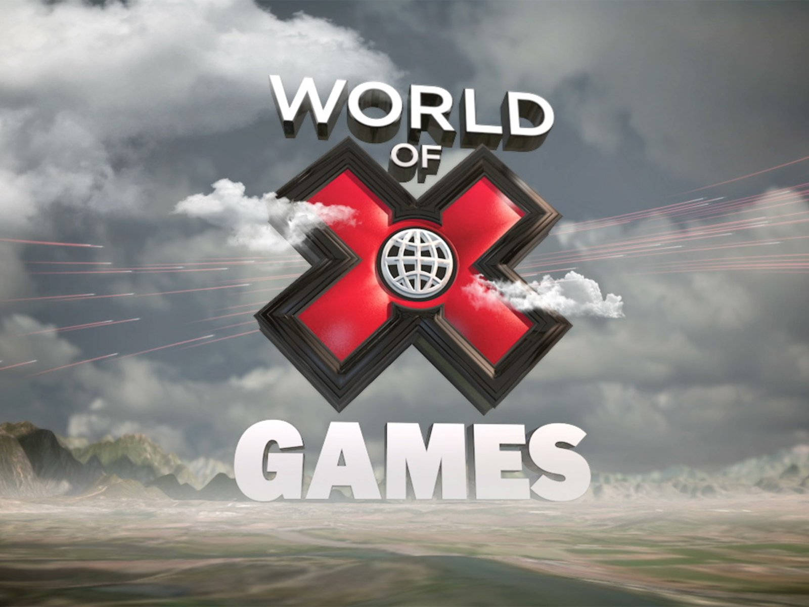 X Games 3D Logo 壁紙 — 帶有紅色X和地球的World of X Games標誌在暴風雲下的山區景觀上方漂浮。