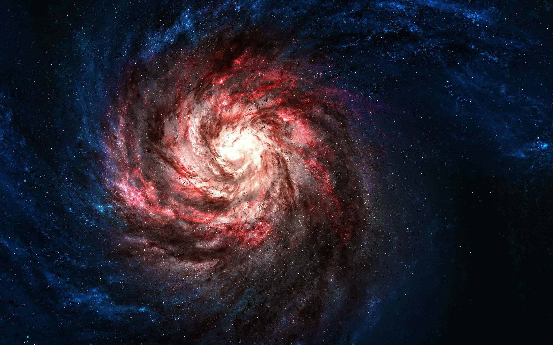 螺旋星系，紅色和白色的旋臂在深藍色星空中發光。