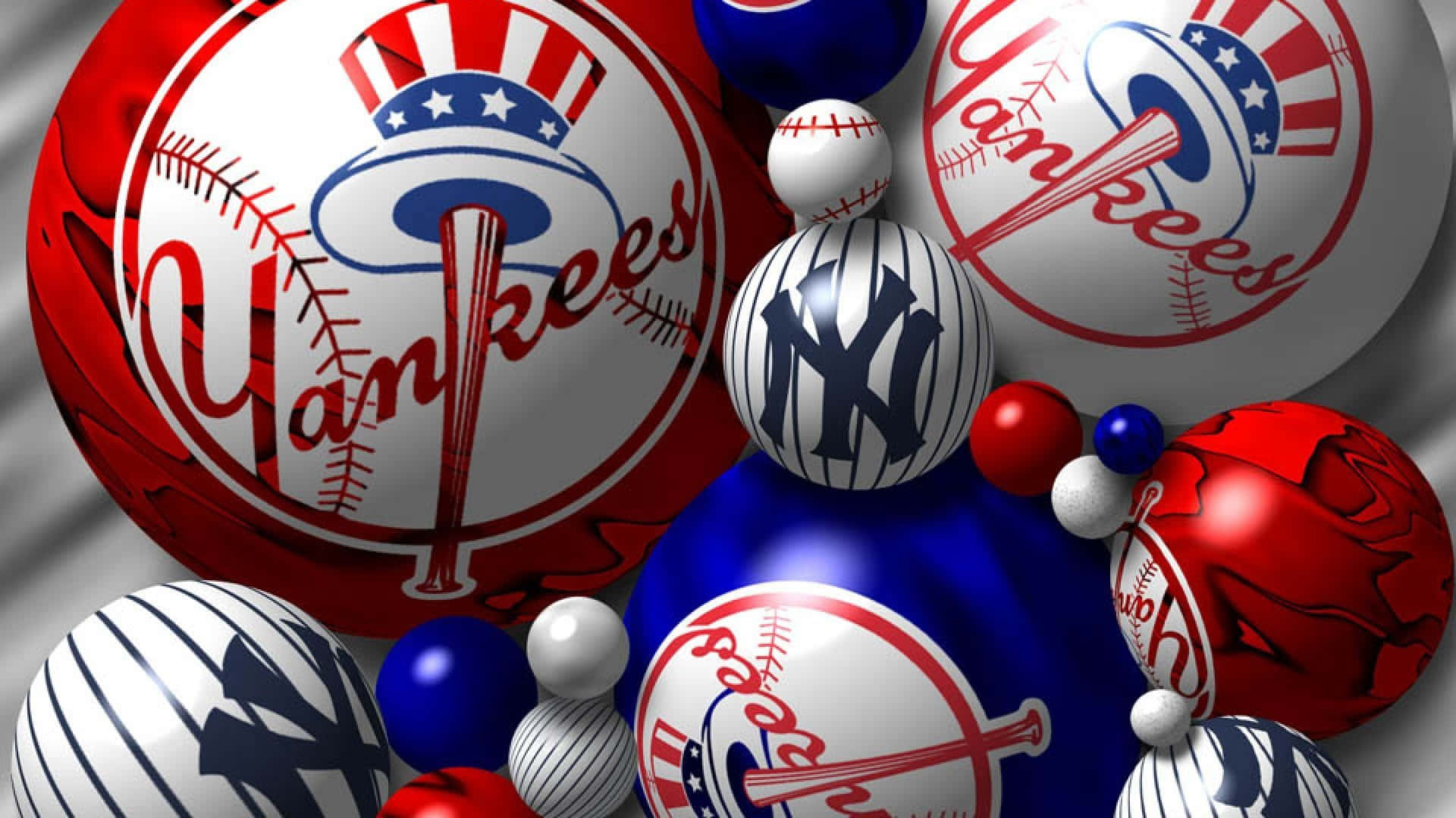 MLB Teams 桌布 壁紙 — 帶有紐約洋基隊紅、白、藍標誌的光滑棒球和球體漂浮在銀色布料背景上。