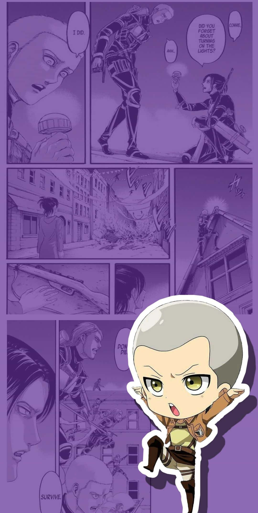 Connie Springer 桌布 壁紙 — 帶有紫色色調的漫畫連環畫，前景有一個Q版動漫角色貼紙。