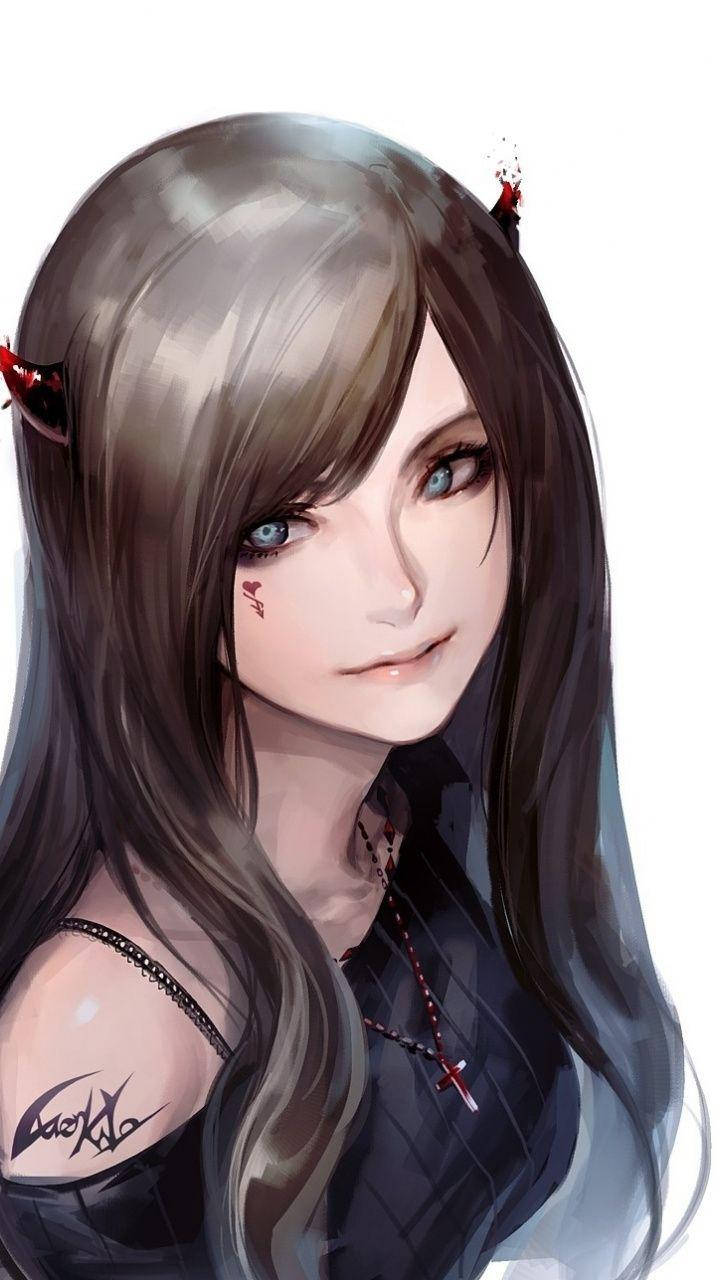 動漫女孩，深色頭髮，小紅角，穿著黑色服裝，戴著十字架項鍊。
