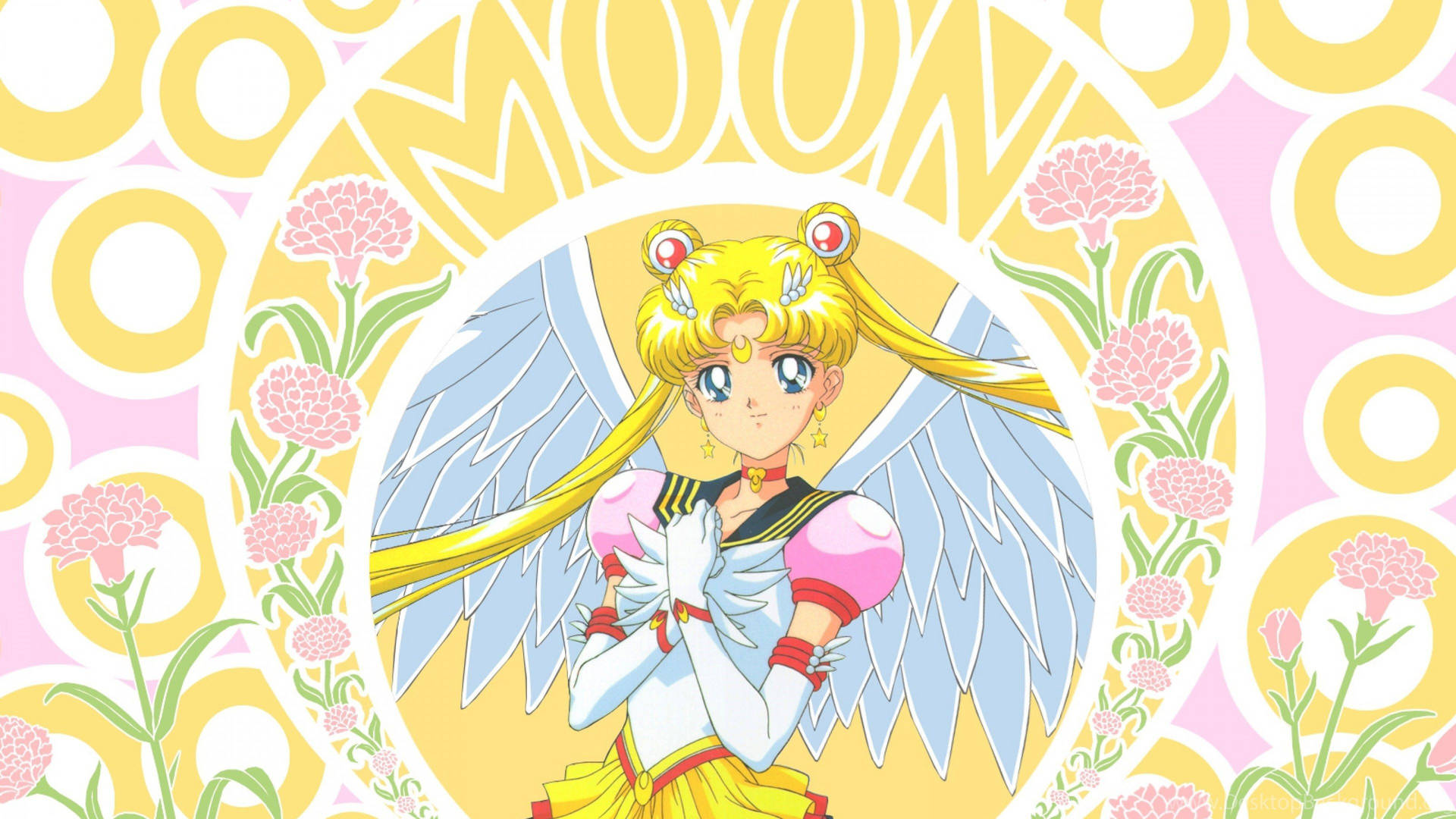 美少女戰士Sailor Moon 展開天使翅膀，被粉紅色花朵和黃色圓圈包圍。
