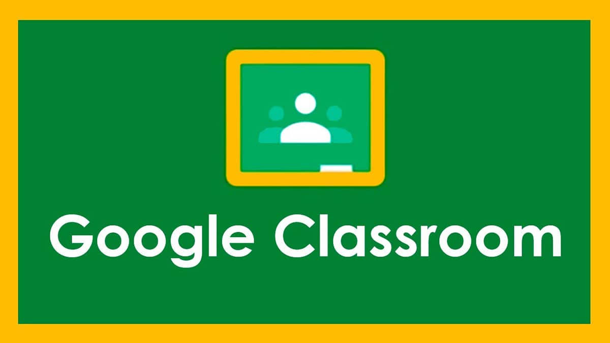 帶有背景與邊框的 Google Classroom 壁紙 — Google Classroom 標誌，帶有綠色黑板圖示和白色文字，背景為鮮豔的綠色和黃色。