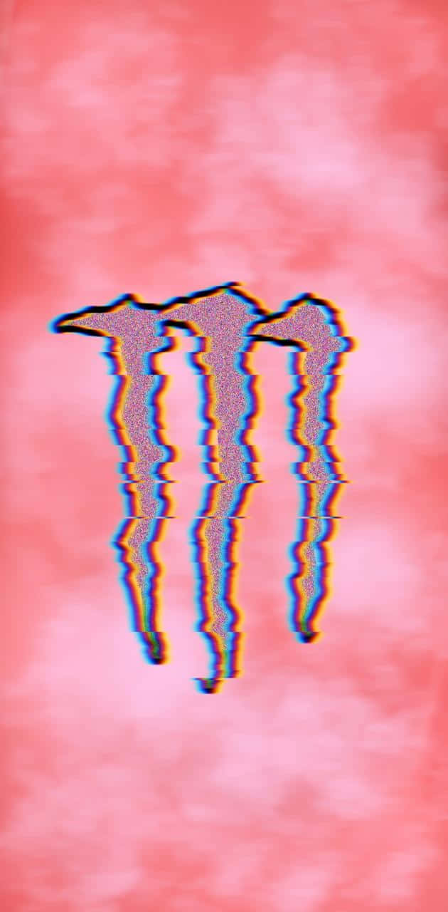 Monster Energy 桌布 壁紙 — 帶有色彩像差的故障Monster Energy標誌漂浮在柔和的粉紅色雲狀背景上。