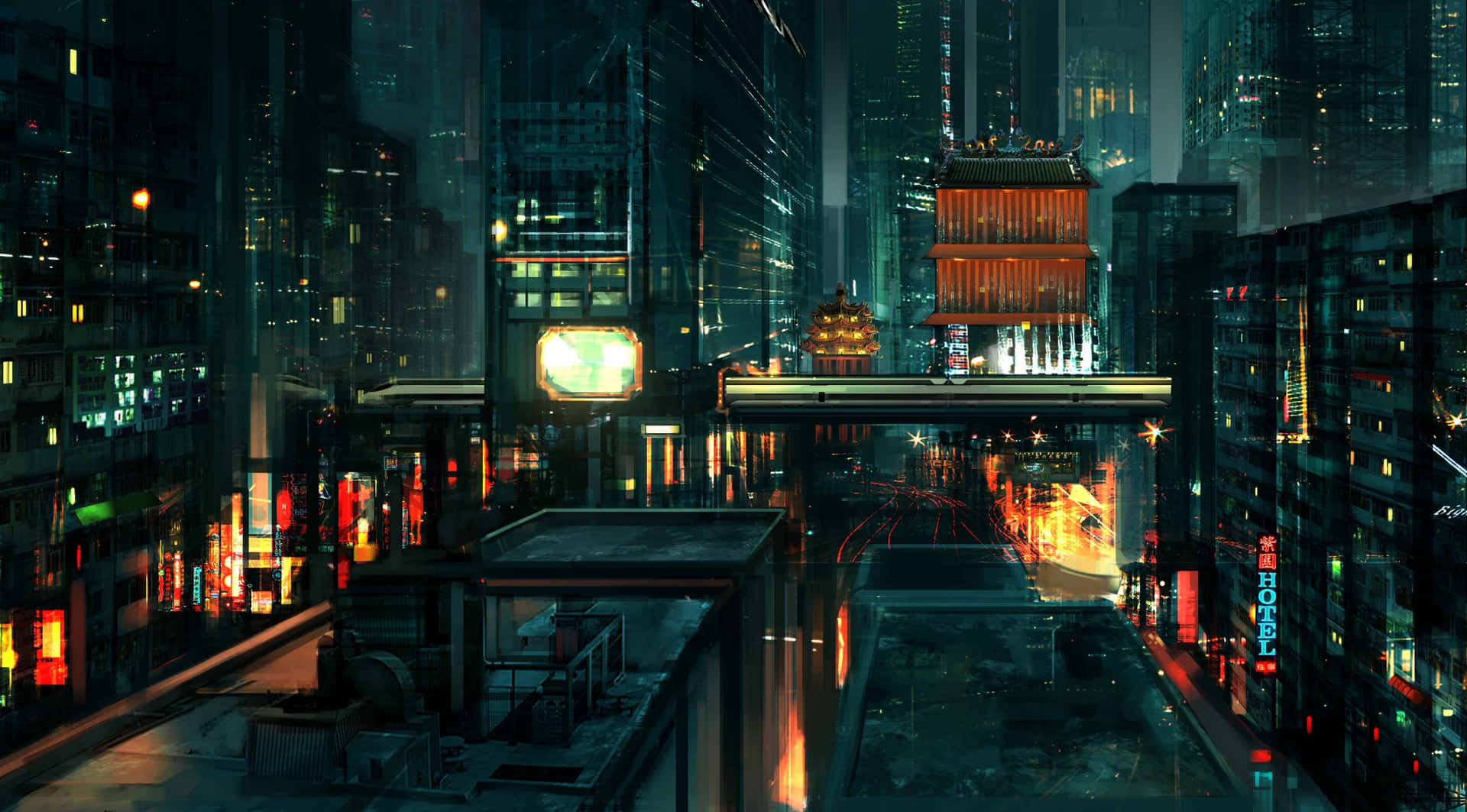 未來城市夜景，霓虹燈和發光的寶塔橋在濕漉漉的街道上。