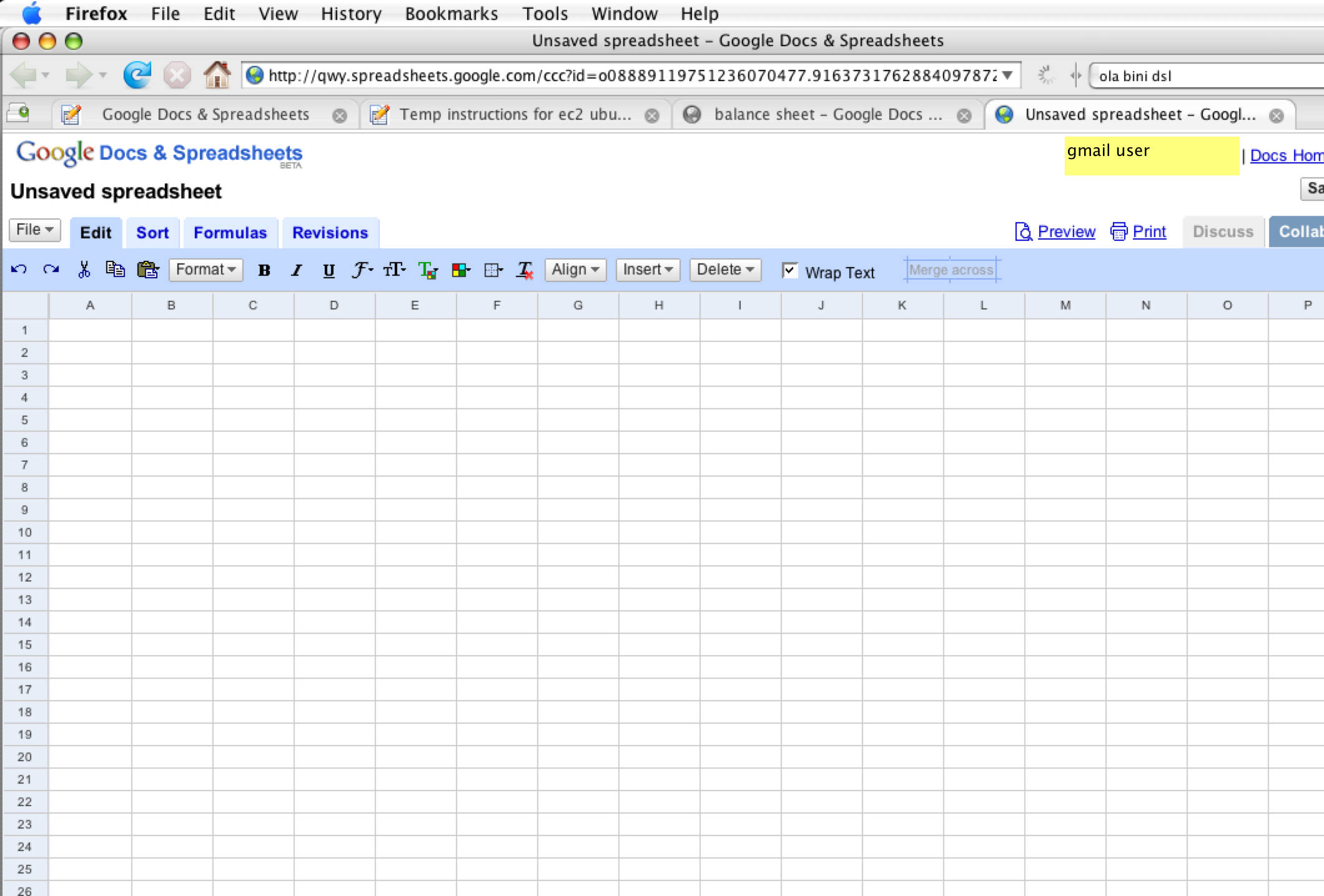 帶有行列的電子表格程式 壁紙 — 在 Firefox 瀏覽器中打開的空白 Google Sheets 試算表，顯示空白網格和工具列。