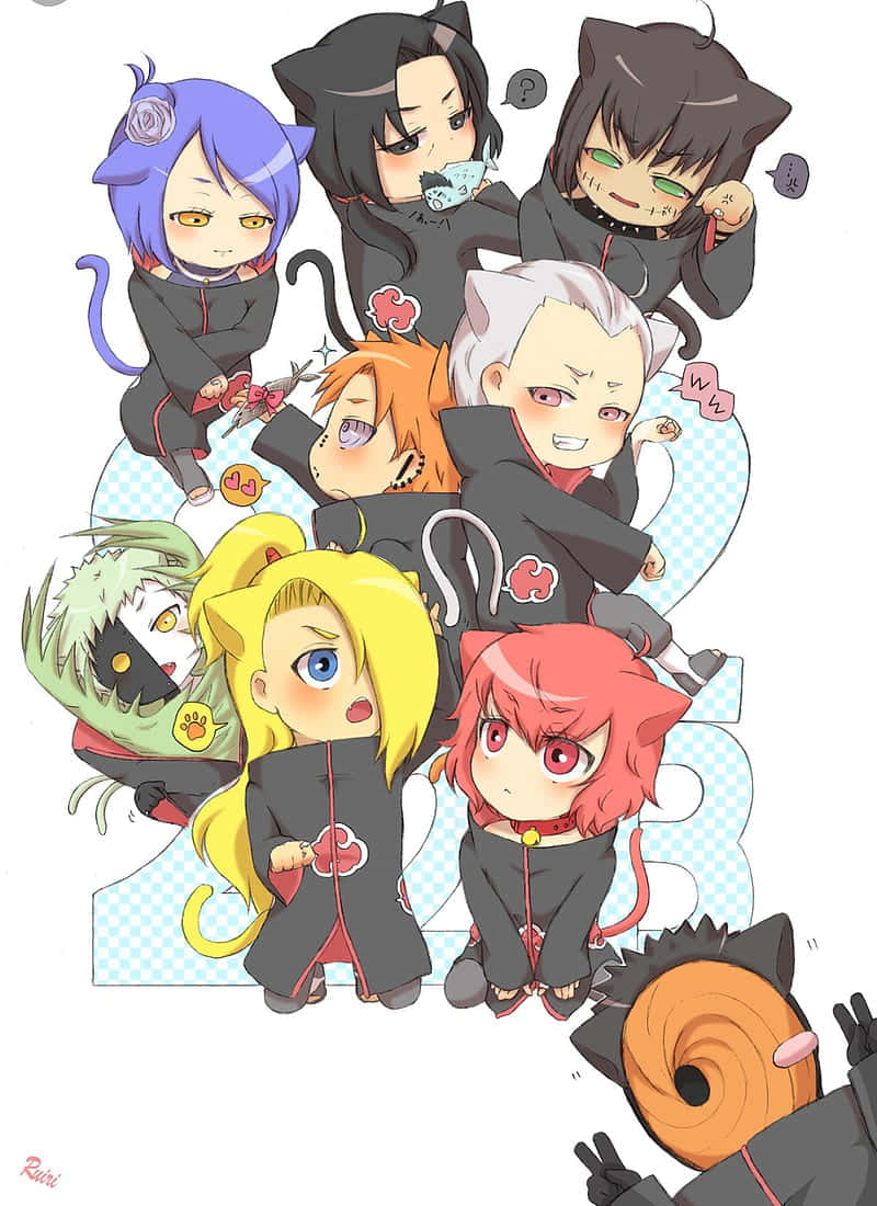 Akatsuki Chibi 桌布 壁紙 — 帶有貓耳和貓尾的Q版動漫角色，在格子背景前穿著帶有紅色雲紋的黑色斗篷。