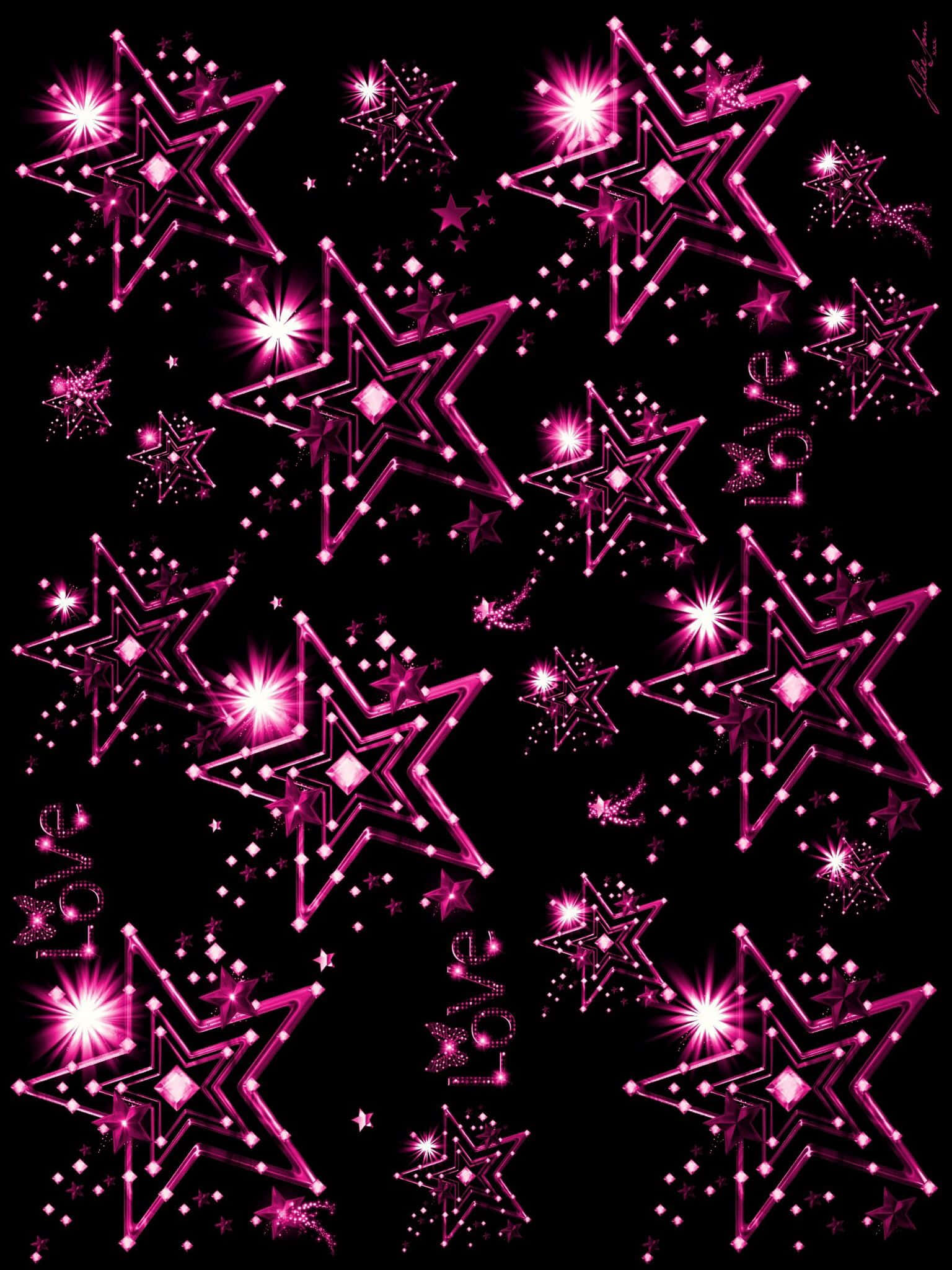 Pink Stars 桌布 壁紙 — 帶有閃爍鑽石中心的鮮豔粉紅色發光星星漂浮在黑色背景上，散落著「love」文字。