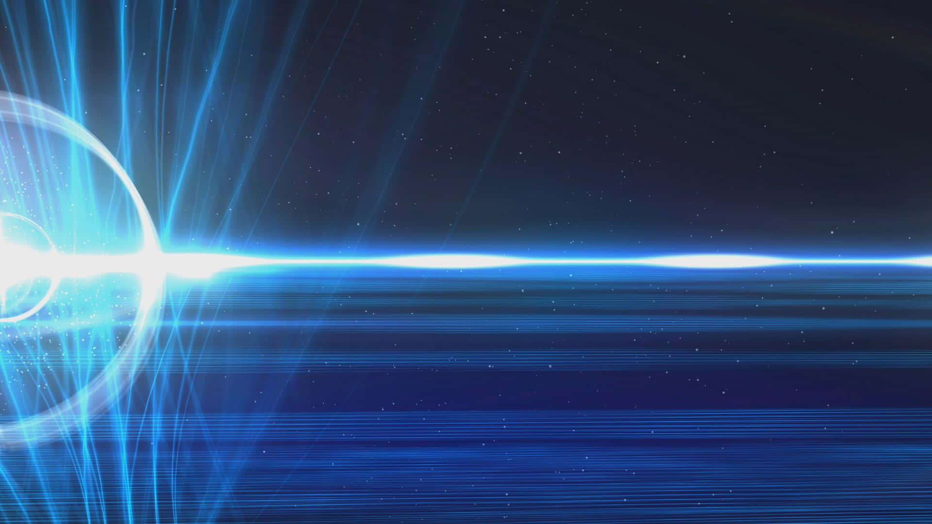 一道發光的藍色能量光束從耀眼的球體射過星光燦爛的太空場景。