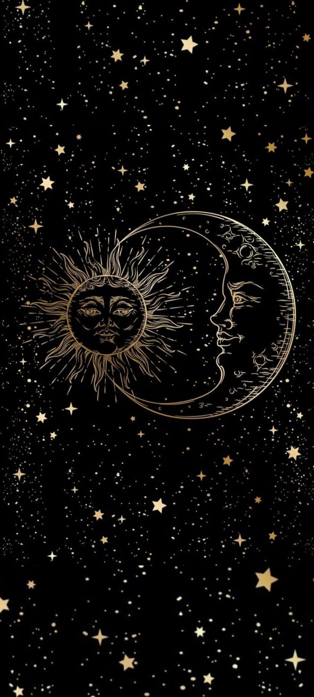 Sun And Moon Aesthetic 桌布 壁紙 — 帶有面孔的金色太陽和月亮在繁星點點的黑色夜空中以優雅的線條藝術發光。
