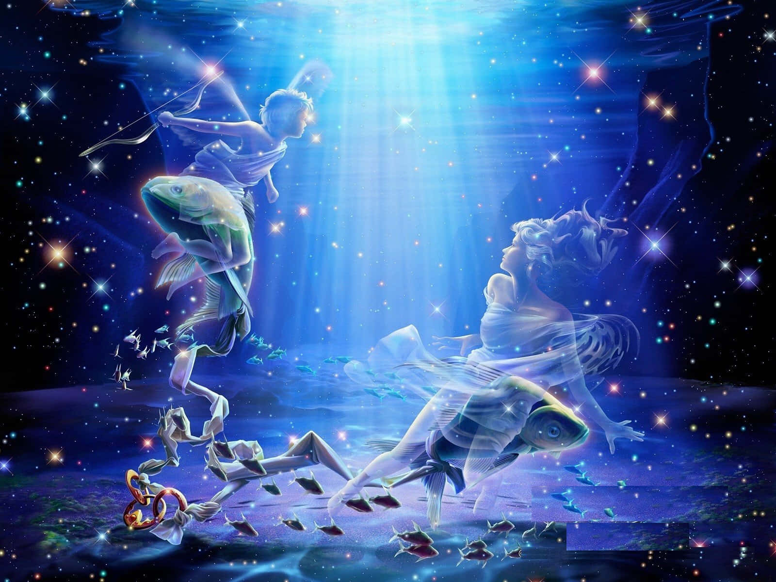 山羊座 桌布 壁紙 — 帶有魚尾的天體人物在星光燦爛的宇宙海洋中滑行，沐浴在燦爛的藍光中。
