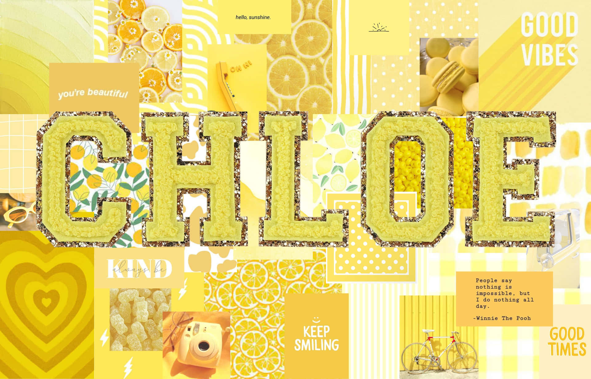 黃色拼貼畫，包含 CHLOE 名字、檸檬、語錄和歡樂圖案。