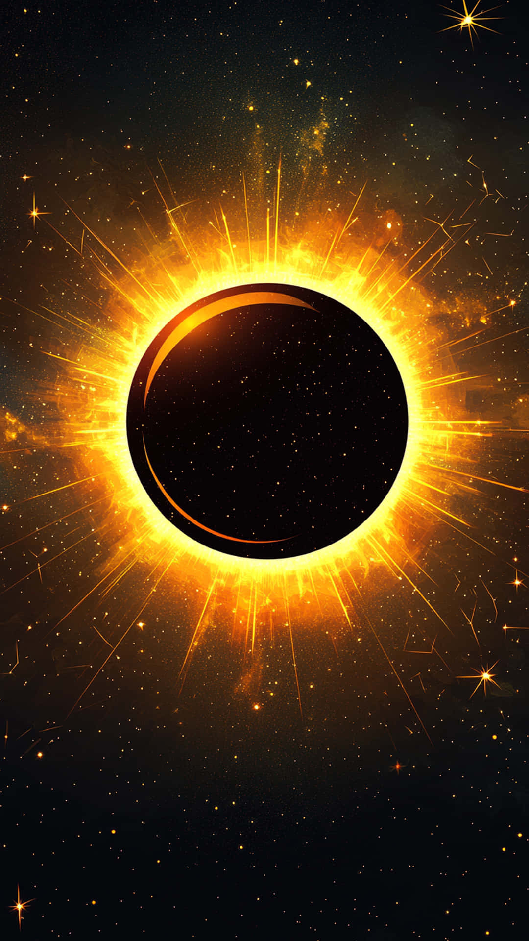 日全食，發光的金色日冕和深空中散落的星星