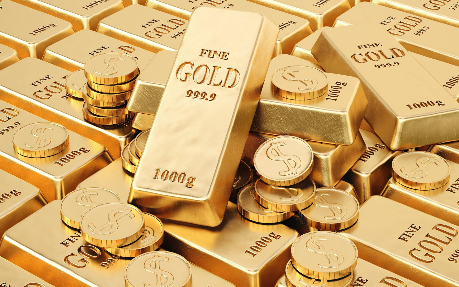 標有 fine gold 999.9 和 1000g 的金條和金幣堆