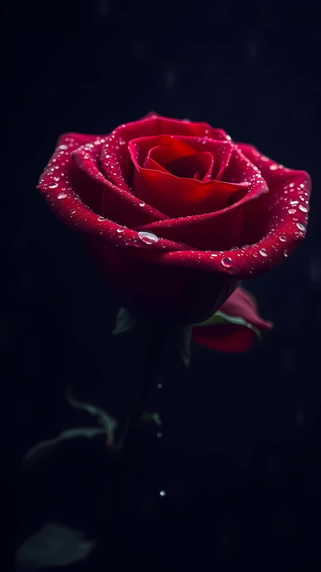 黑色背景上花瓣帶有水珠的紅玫瑰