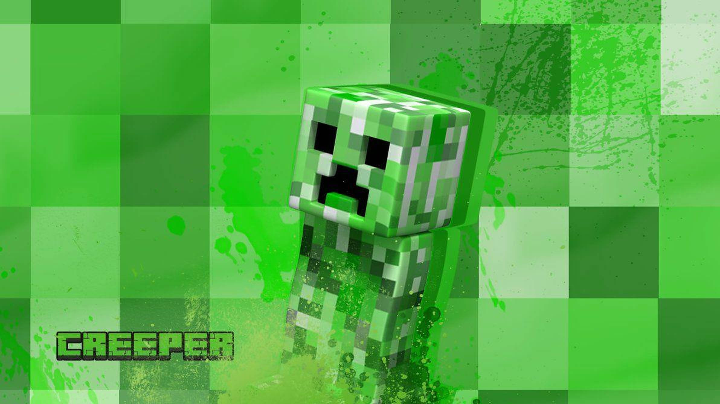帶油漆飛濺的Minecraft苦力怕 壁紙 — 一個來自Minecraft的像素化綠色爬行者，站在帶有飛濺效果的鮮綠色格子背景前。