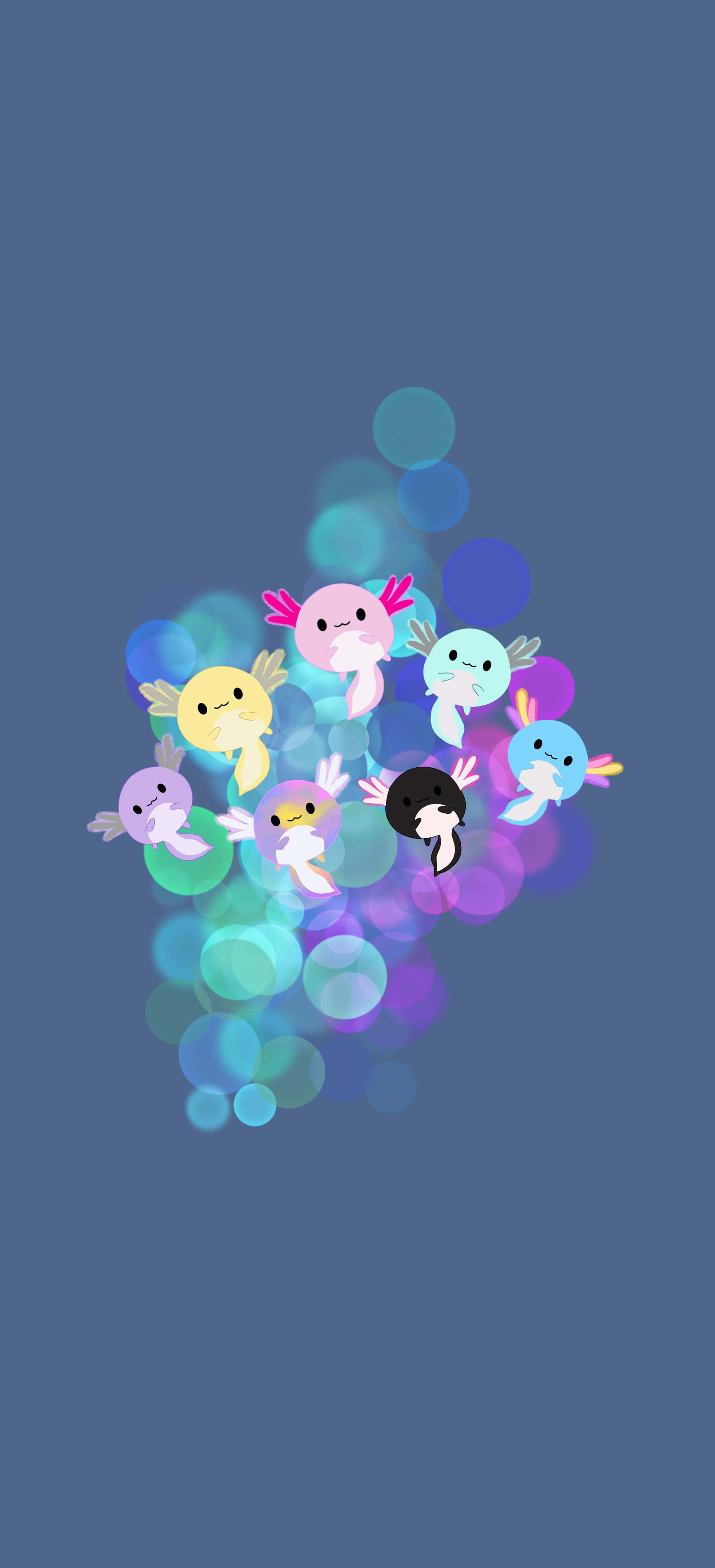 帶泡泡設計的 Squishmallow 壁紙 — 一群色彩繽紛的卡通蠑螈（有翅膀）在柔和的藍色背景上，漂浮在發光的散景圓圈中。