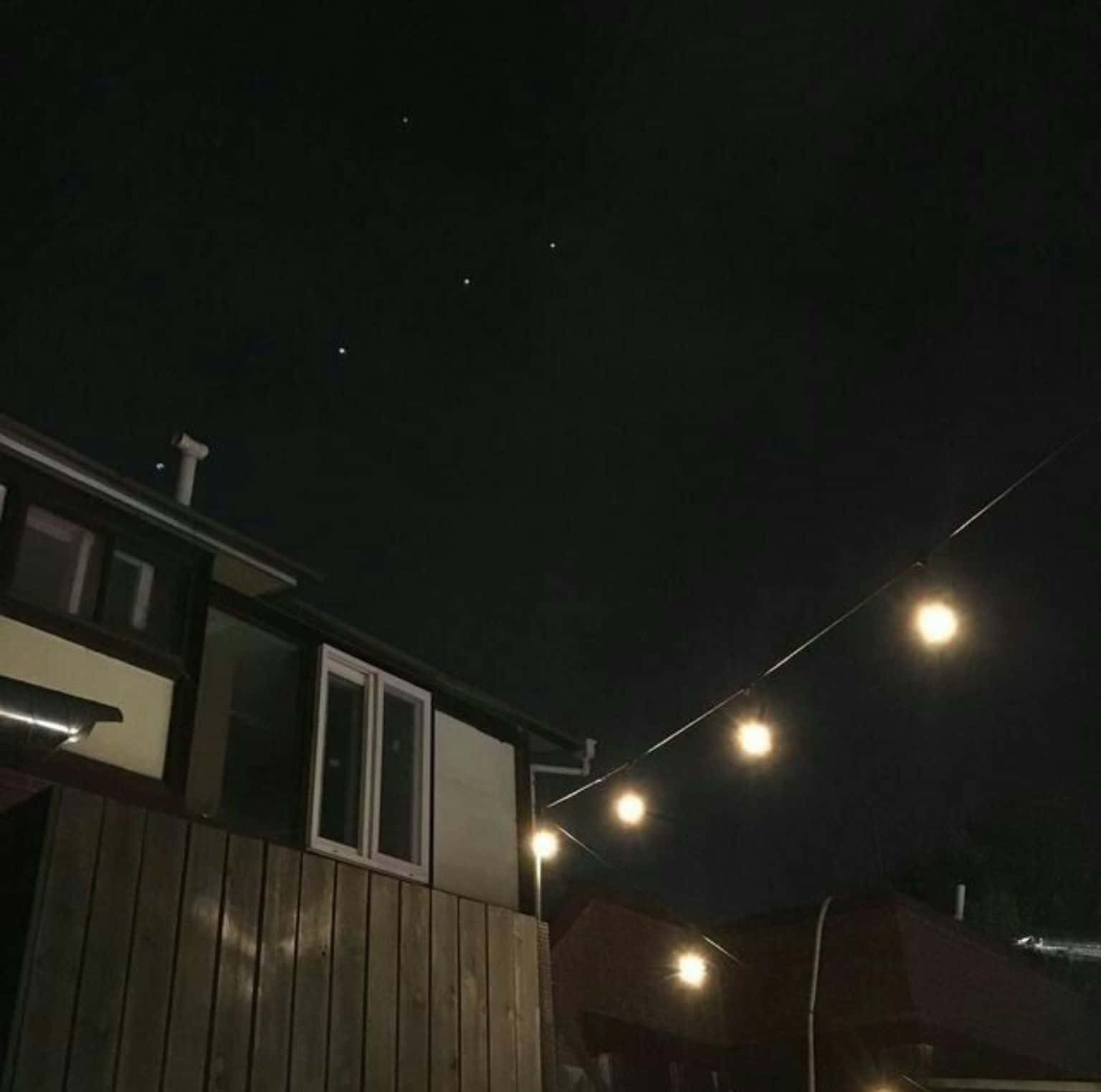 溫暖的燈串在星空下照亮了夜晚的後院。