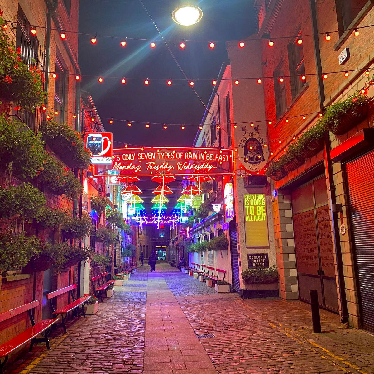 夜晚一條狹窄的鵝卵石小巷，被彩色霓虹燈招牌和燈串照亮。