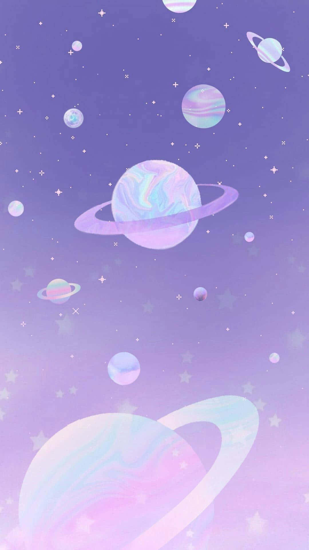 帶環的美麗紫色行星 壁紙 — 夢幻的宇宙場景，粉彩行星和光環漂浮在閃爍的星星之間，背景是漸變紫色天空。