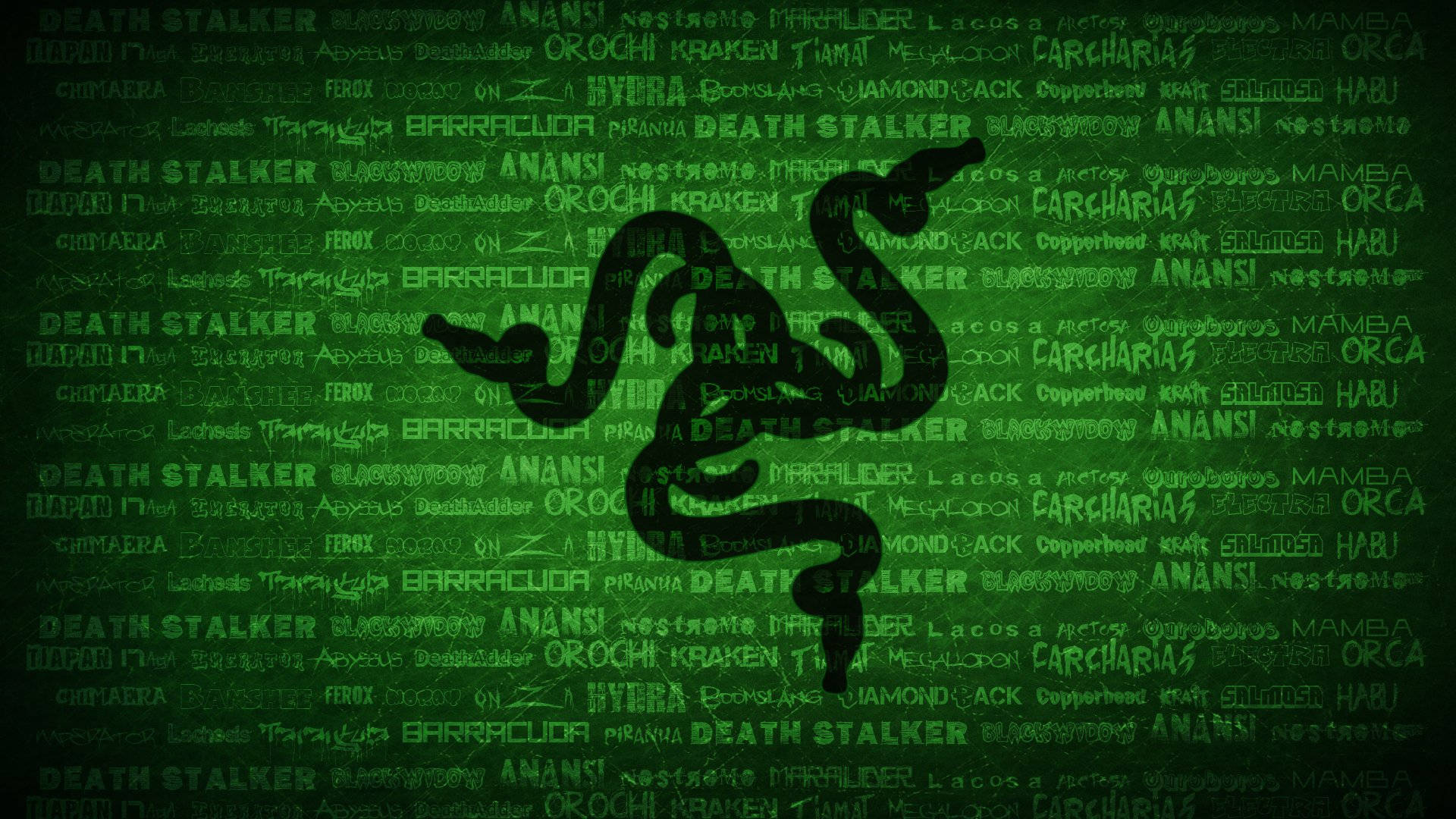 帶產品名稱的綠色 Razer PC 標誌 壁紙 — 一個黑暗的生物剪影，眼睛發光，站在充滿怪物名字的綠色文字背景前。