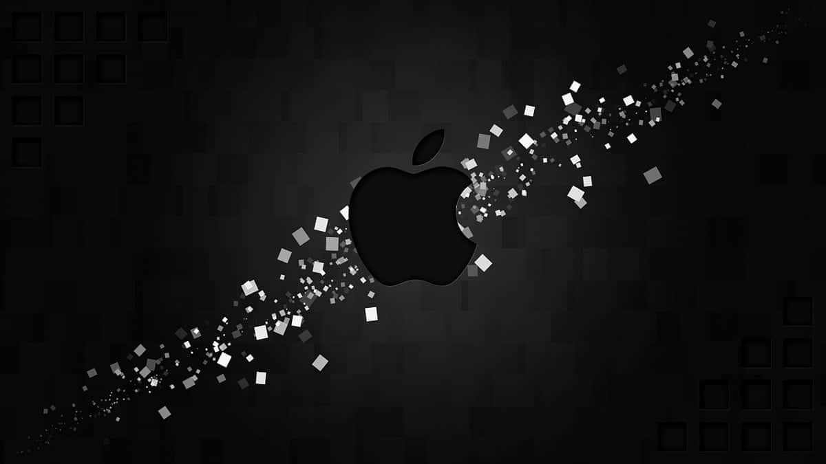 黑色Apple標誌，帶有在深色背景上對角流動的白色像素粒子。
