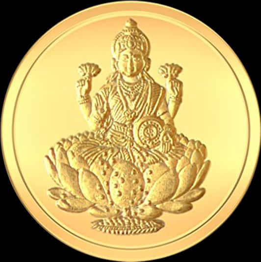帶神像浮雕的金幣 壁紙 — 一枚金幣上有一個精細浮雕的神祇坐在蓮花上，手持象徵性物品，背景為黑色。